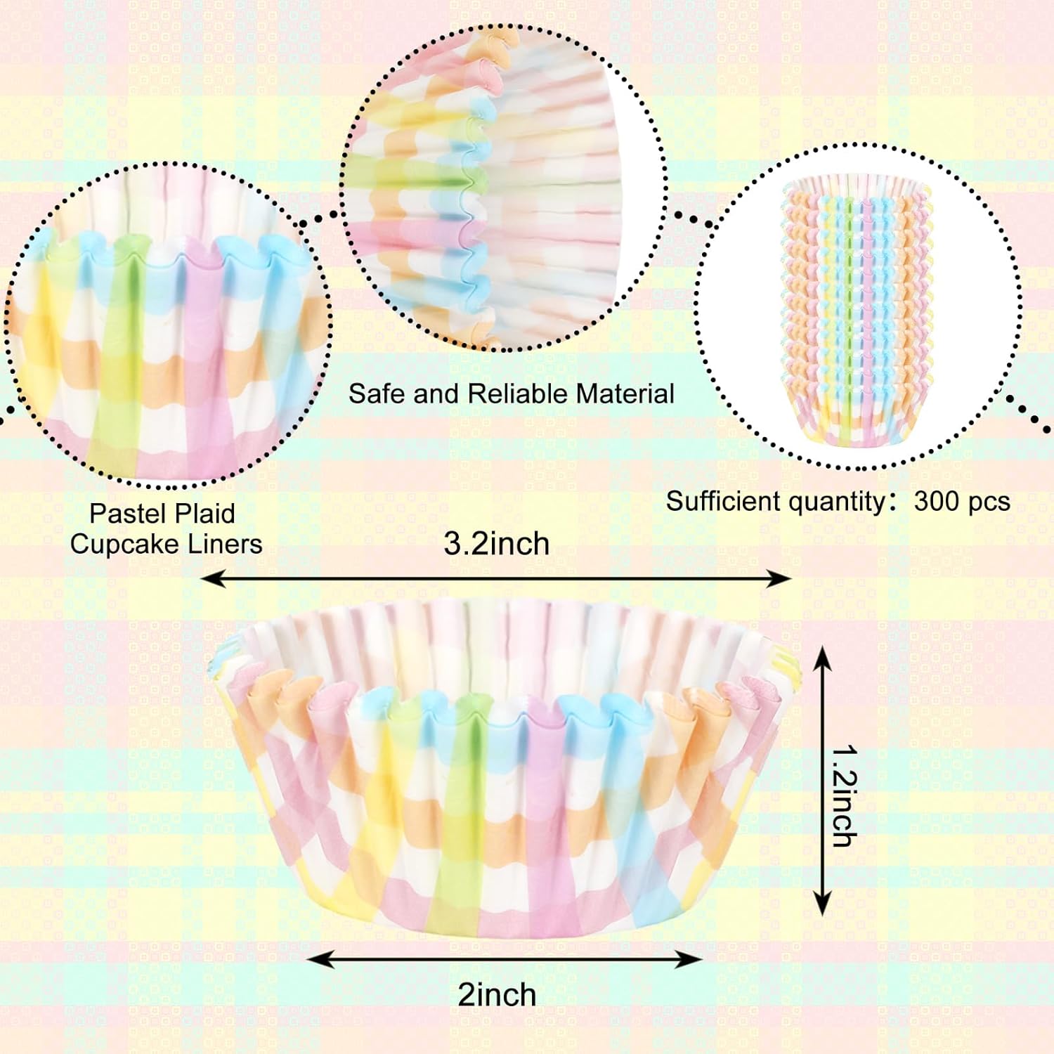 Whaline 300Pcs Pastel Plaid Paper Baking Cups Easter Colorful Checkered Cupcake Liners Spring Muffin Liner Cake Paper Cups Storage Container for Spring Easter Party Baking Supplies, 2 x 1.2 Inch