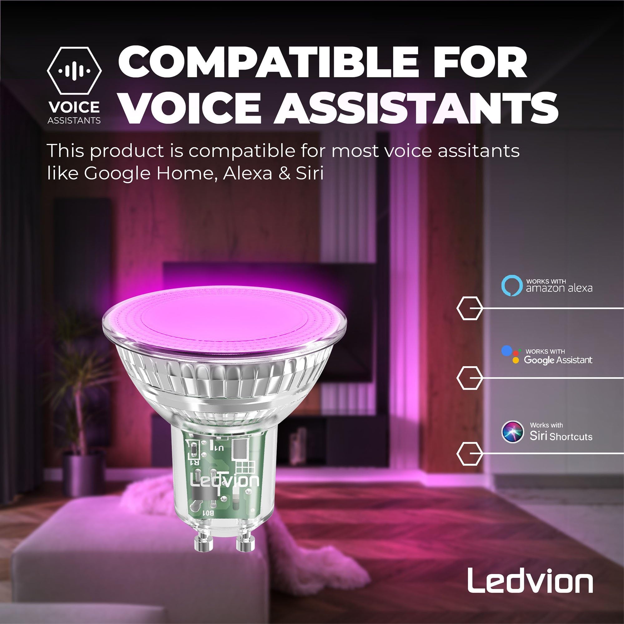 Ledvion - 10X Smart RGB+CCT GU10 LED Spot, 5W, 345 Lumen, Dimmerabile, Wifi-Illuminazione, Wifi-luce, Alexa & Google Home