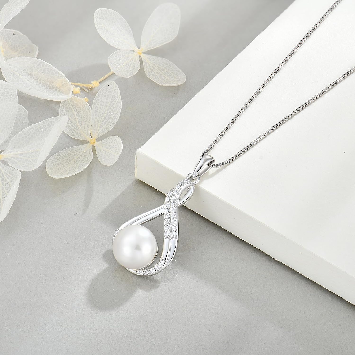 Celtic Infinity Freshwater Pearl Necklace for Women, 14K/Rose/White Gold Plated 925 Sterling Silver Pendant with 10~12mm Pearl, Adjustable 18"+2" Box Chain, Elegant Jewelry Gift