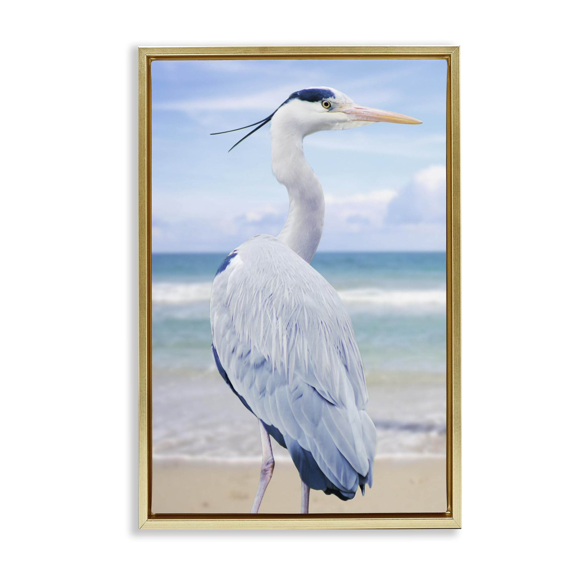 Stupell Industries 'Vacationing Heron by Seaside', Floating Frame Canvas Art, Gold, 21 x 31 Inches, Easy to Hang and Sturdy, Made in USA, by Marcus Prime