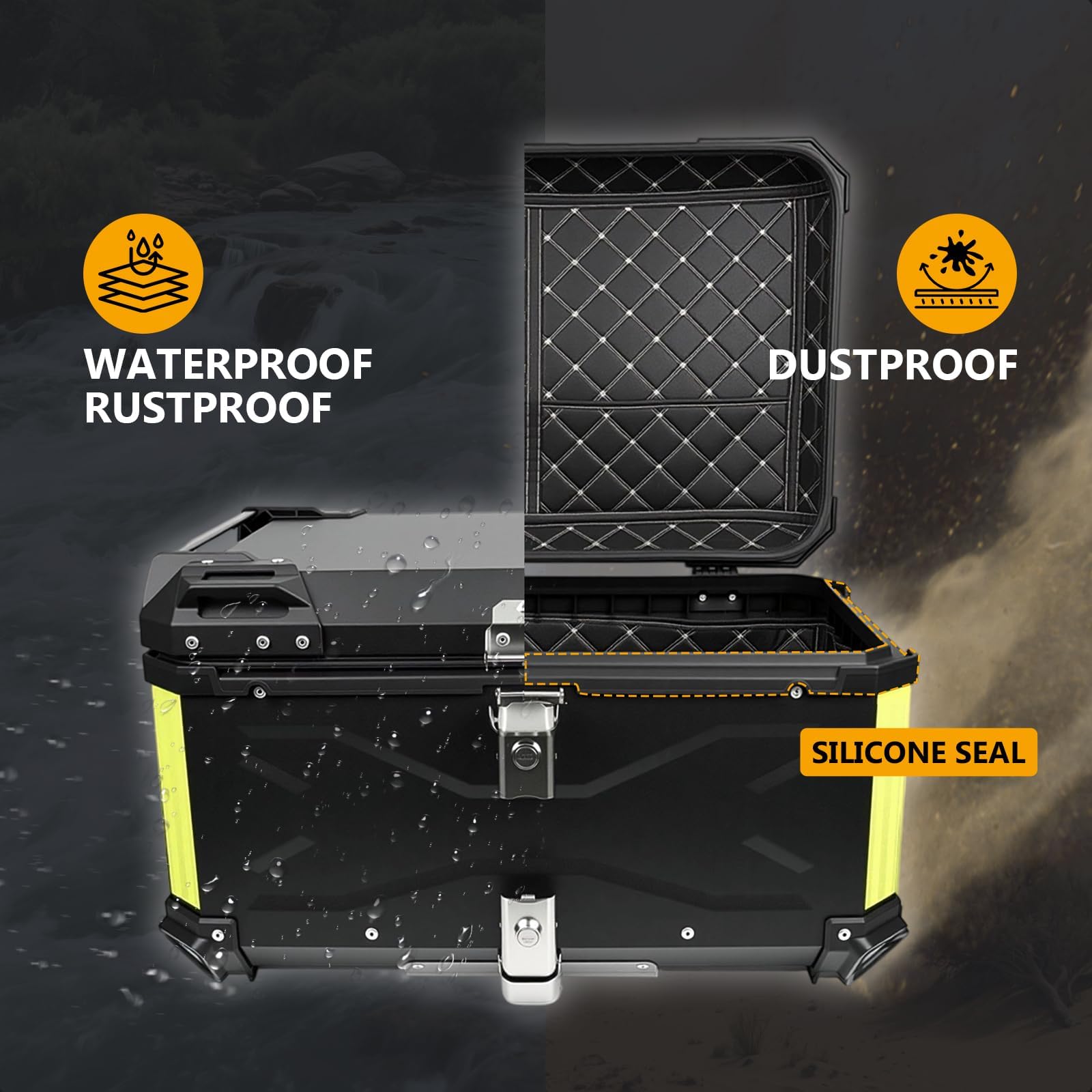 65L Motorcycle Top Case, Aluminum Luggage Box with Lock & 4 Keys, Universal Black Tail Trunk with Baseplate Waterproof, Tail Box with Security Lock for Most Frames - 5