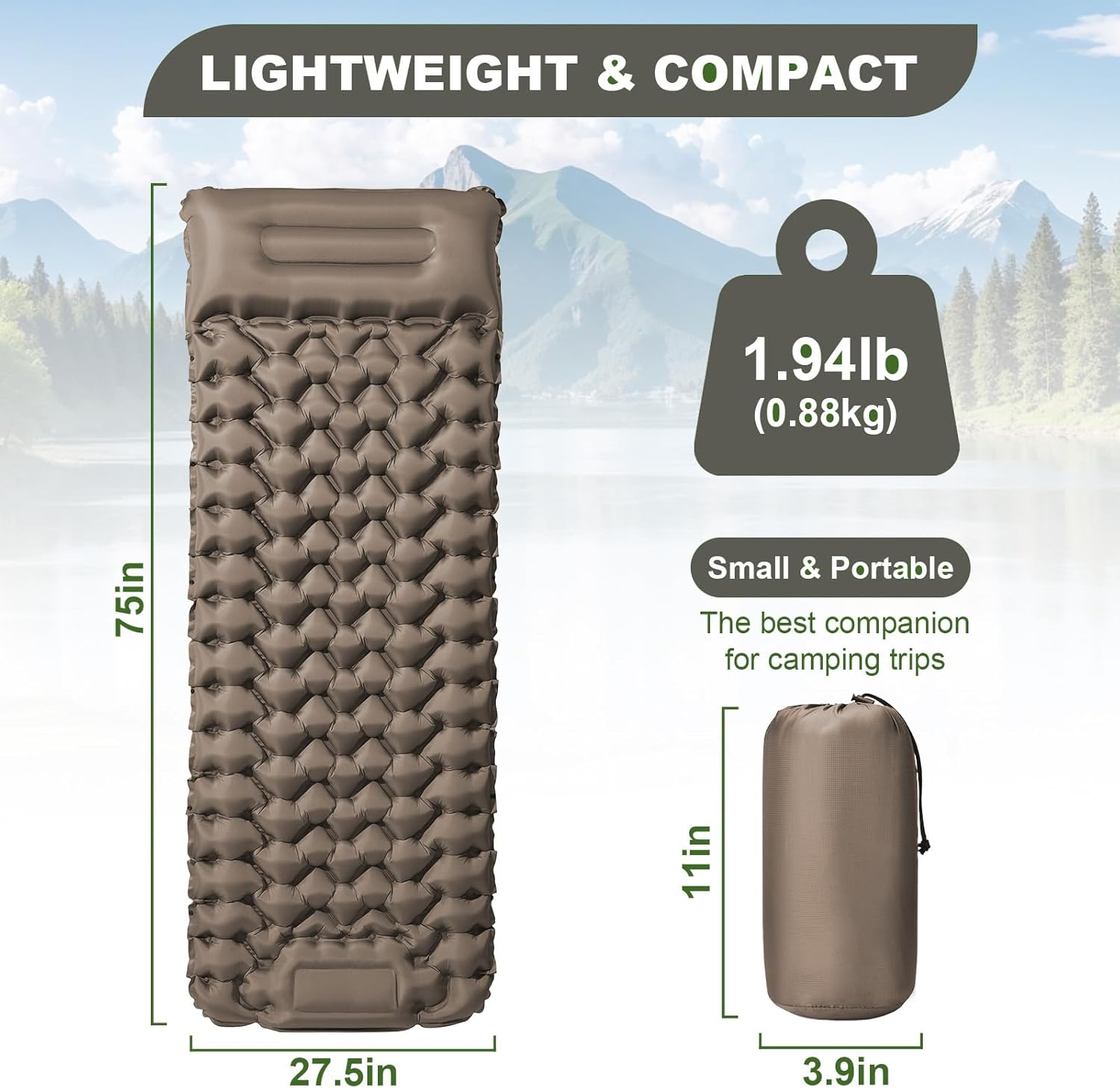 Sleeping Pad,4" Thick Ultralight Sleeping Pad for Camping with Pillow & Foot Pump,Compact Inflatable Camping Mattress for Hiking Tent Road Trip,One-Second Deflation