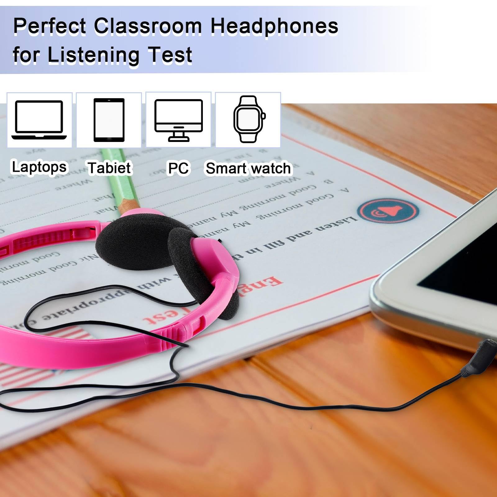 Juego de 30 auriculares para niños, escolares, sobre la cabeza, colores a granel en el aula, auriculares ajustables con conector de 3,5 mm para bibliotecas, estudiantes, adolescentes, adultos,