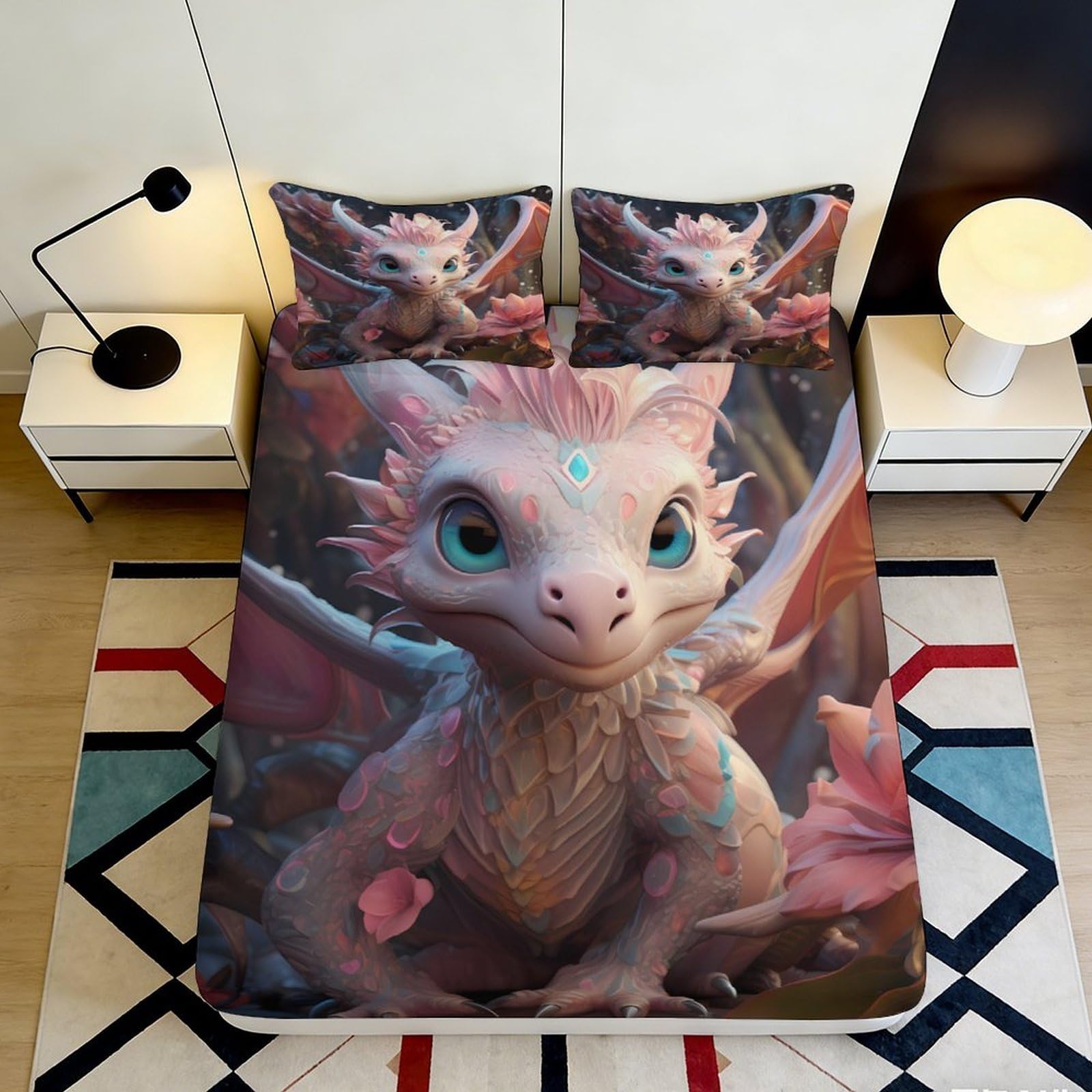 3D Printed Pink Fantasy Dragon Fitted Sheet Microfiber Soft Breathable Blue Wing Bed Cover for Bedroom Dorm Decor 90x200x25cm