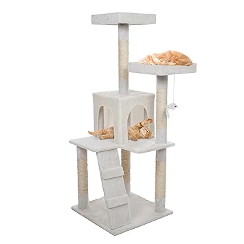 4-Tier Cat Tower - Napping Perches, Cat Condo with Ladder, 5 Sisal Rope Scratching Posts, Hanging Toy ? Cat Tree for Indoor Cats by PETMAKER (White)