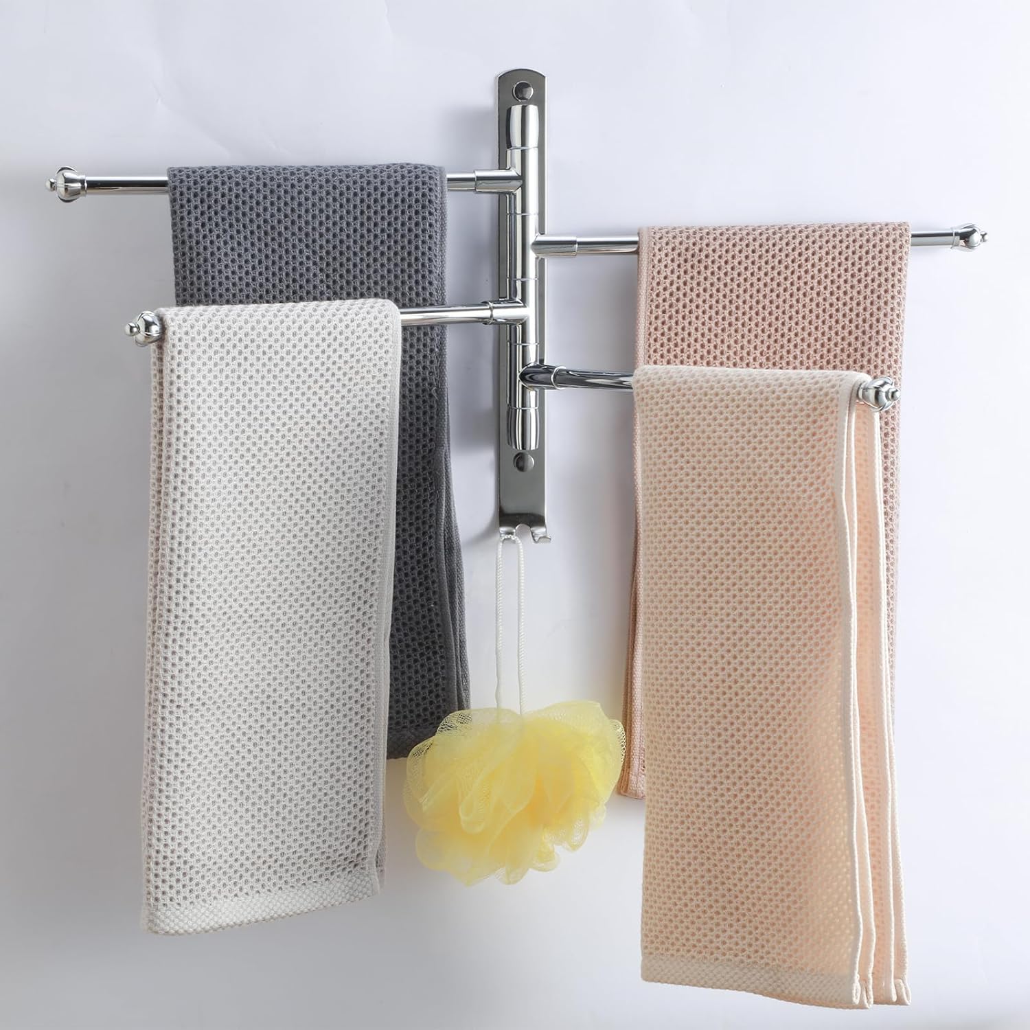 Bathroom Towel Rack Swivel Hanger Towel Bar Wall Mounted Space Saving Storage Organizer Hanging Holder 12 Inch (Stainless Steel, Bright Silver 4-Arm)