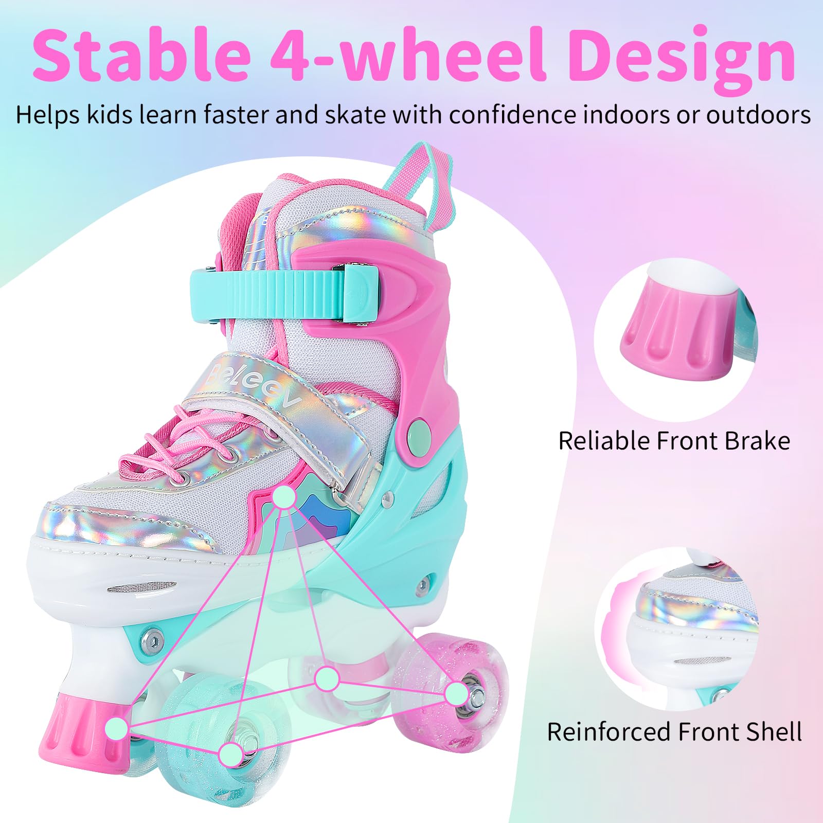 BELEEV Kids Roller Skates for Girls, 4-Size Adjustable Quad Skates with 8 Light-Up LED Wheels & Bonus Shoe Lace, Safe & Fun for Toddlers Children Beginners, Ideal Birthday