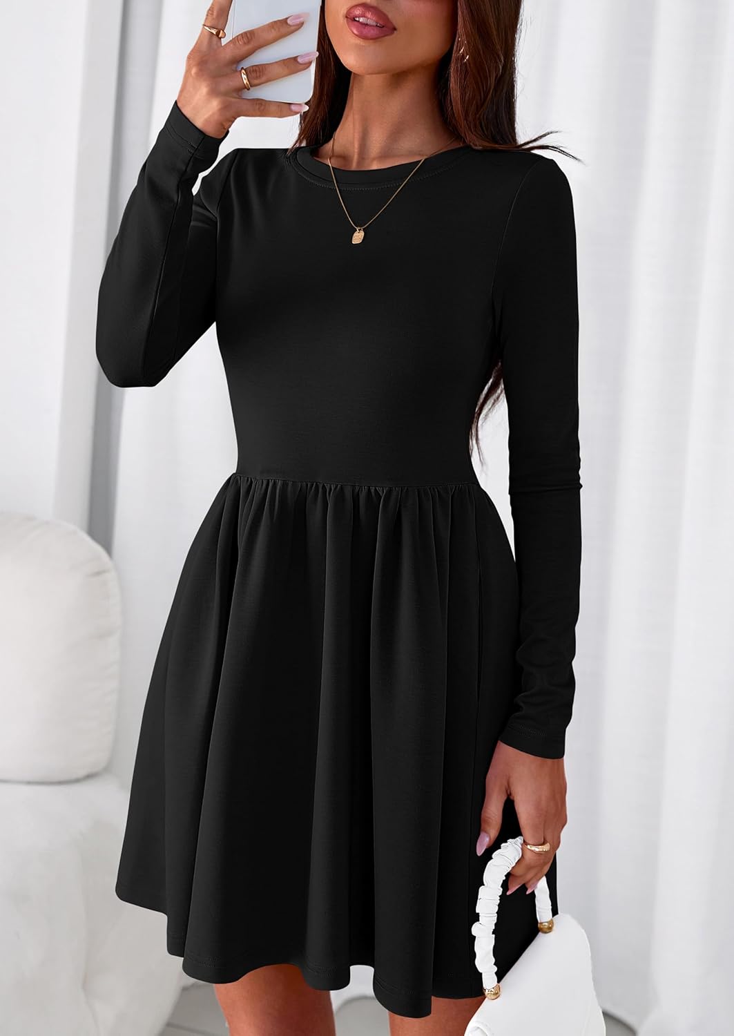 PRETTYGARDEN Women's Long Sleeve Mini Dresses 2026 Spring Casual Pleated A Line Party Cocktail Short Babydoll Dress Pocket - Image 4