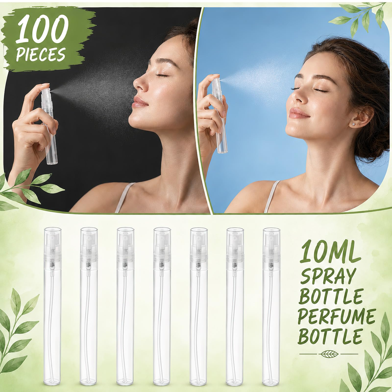 100 unidades de 10 ml atomizador de perfume rellenable, pulverizador vacío, mini bomba, botellas de plástico, atomizadores de viaje, botella de spray para viajes, perfume, muestras de fragancias