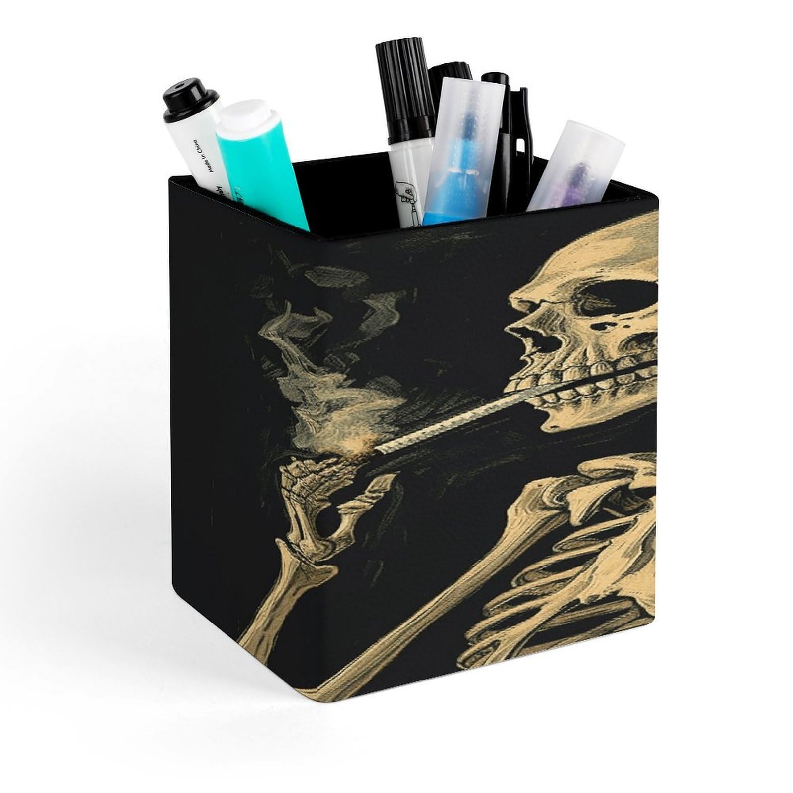 FekiLoot A Skeleton with Burning Cigarette Pen Holder for Desk Minimalist Leather Pencil Holder Fashion Modern Pencil Cup Decorative Square Pen Cup Locker Organizer for Office Work Locker Accessories