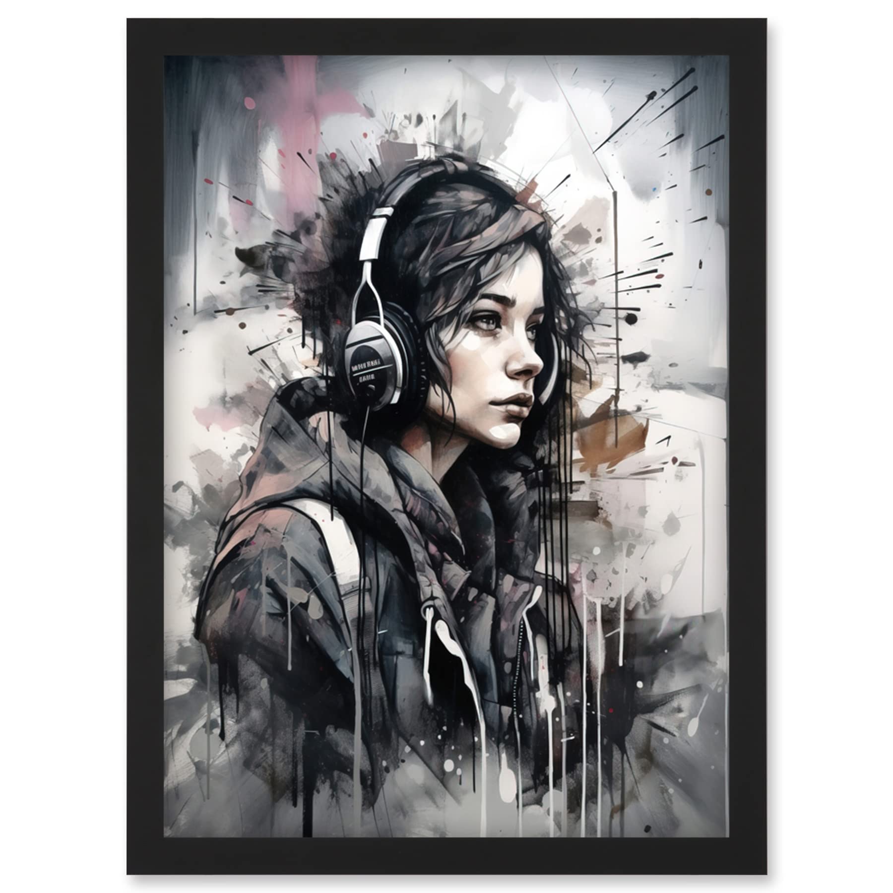 Framed Wall Art Print - Black Hoodie Teenager Listening to Music Watercolour Artwork - A4