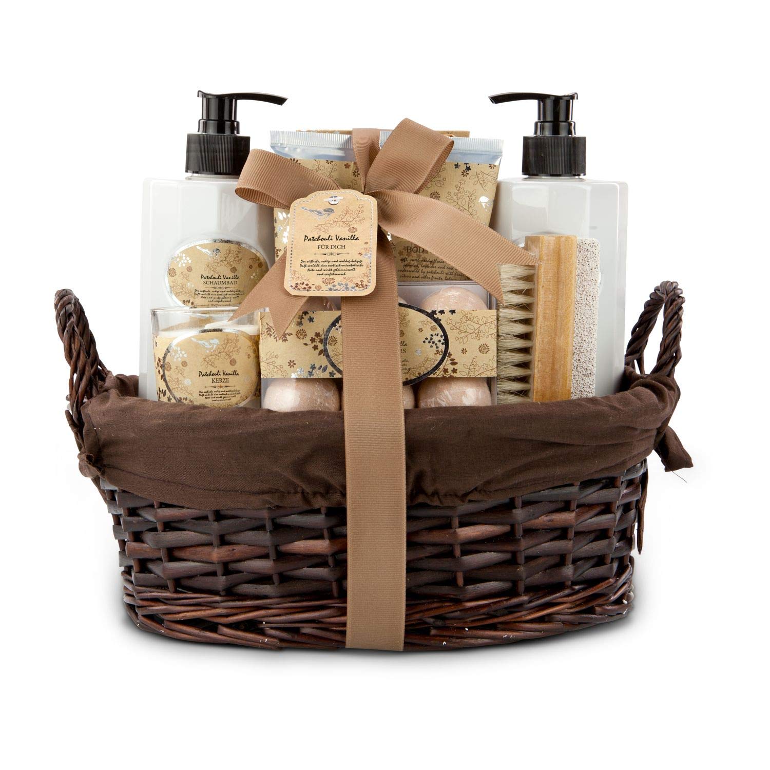 Geschenkset: Manila, 14-teilig: Shampoo, Schaumbad, Bodylotion, Körperpeeling, Badesalz, Kerze, 6 Badekugeln & 2in1 Nagelbürste + Weidenkorb, Patchouli Vanille; ca. 30 x 25 x 20 cm