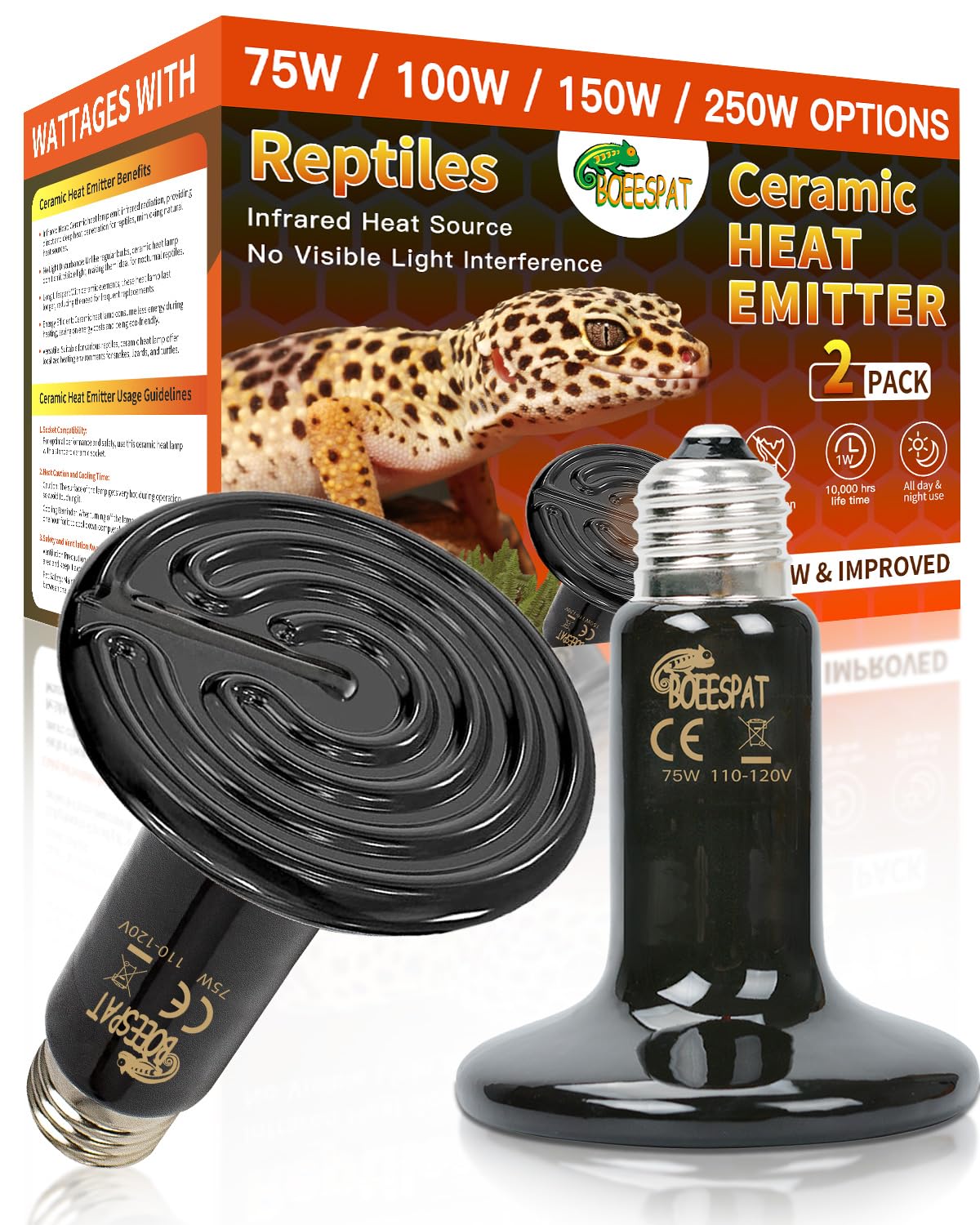 High Efficiency 75W Ceramic Heat Emitters, Pack of 2 Reptile Heat Lamp Bulbs for Bearded Dragon, Lizard, Iguana, Geckos & Small Pets Basking (Black, 75 Watts)