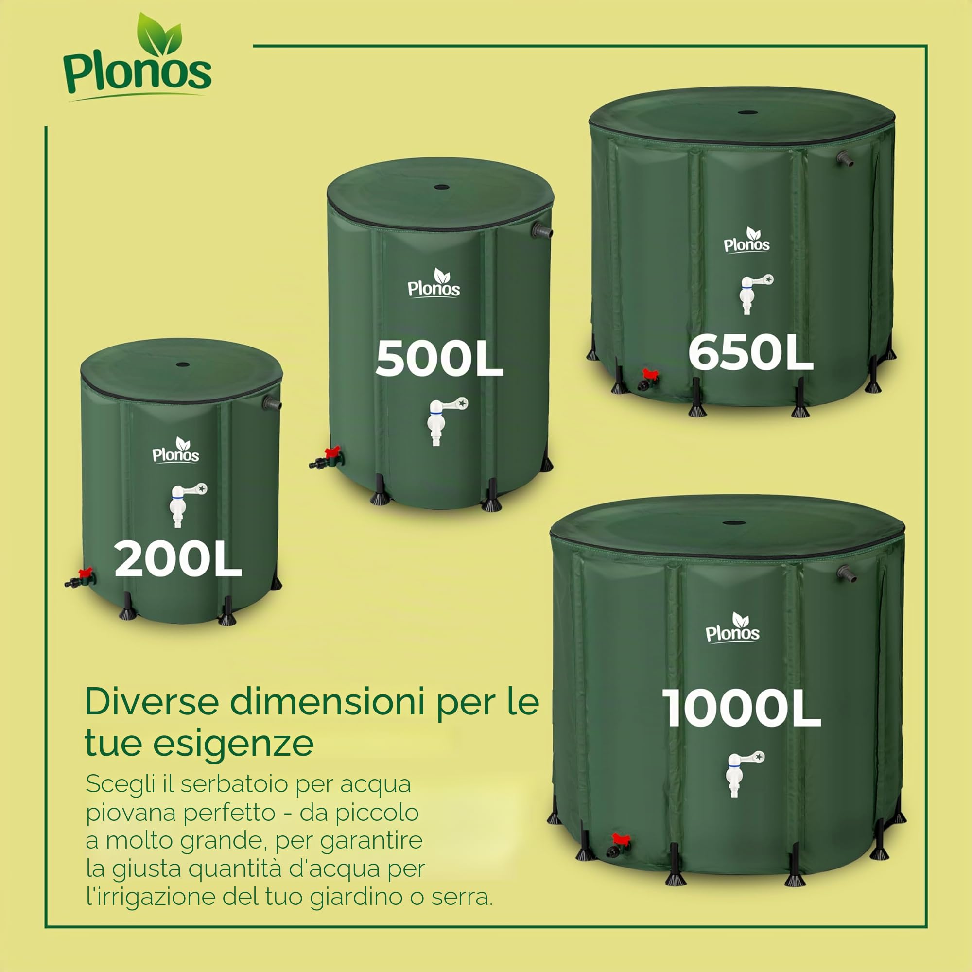 Serbatoio dell'acqua piovana 1000 l con valvola di scarico 96 x 120 cm, verde