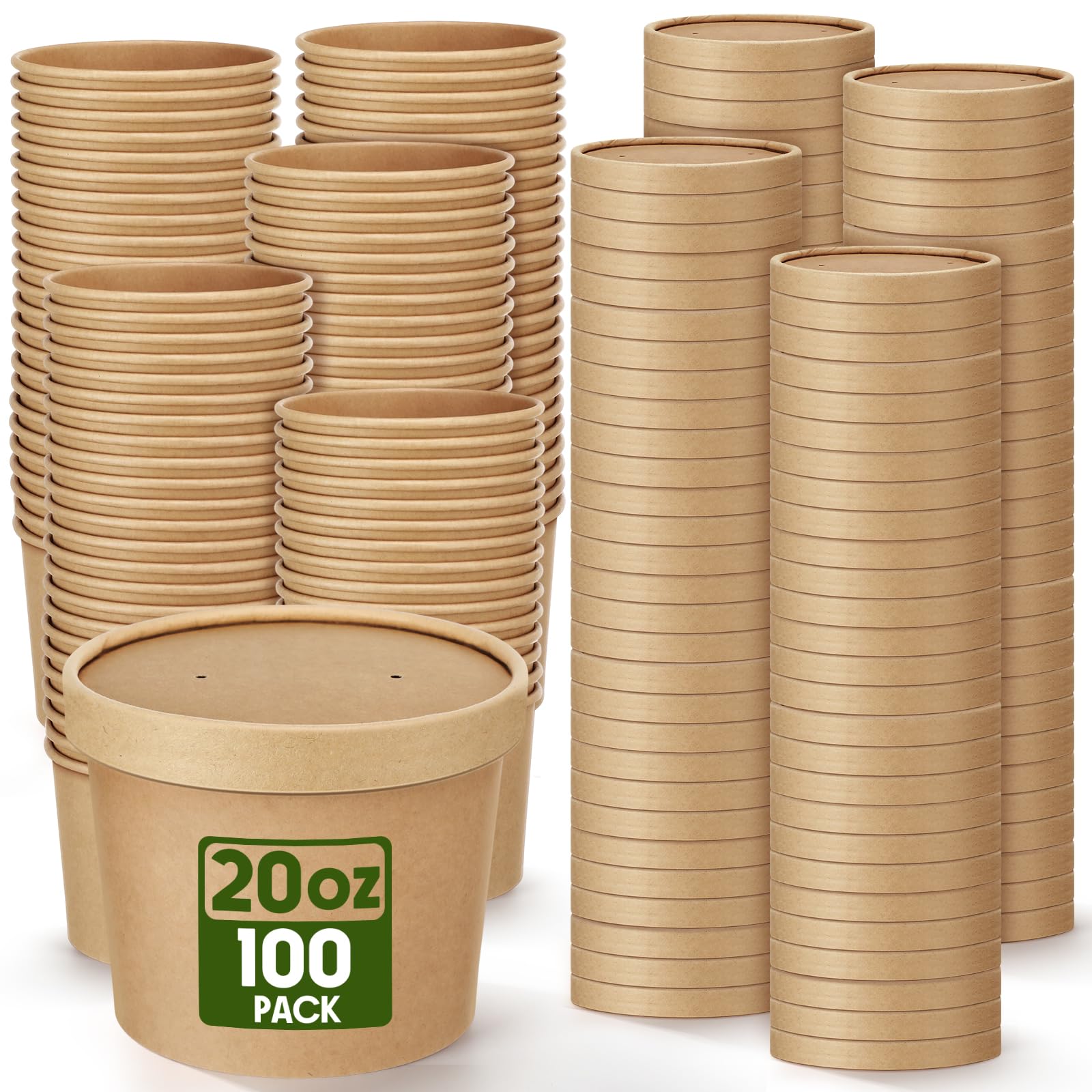 Fulmoon 20 oz 100 Pack Paper Containers with Lids Soup Bowl Cup, Brown