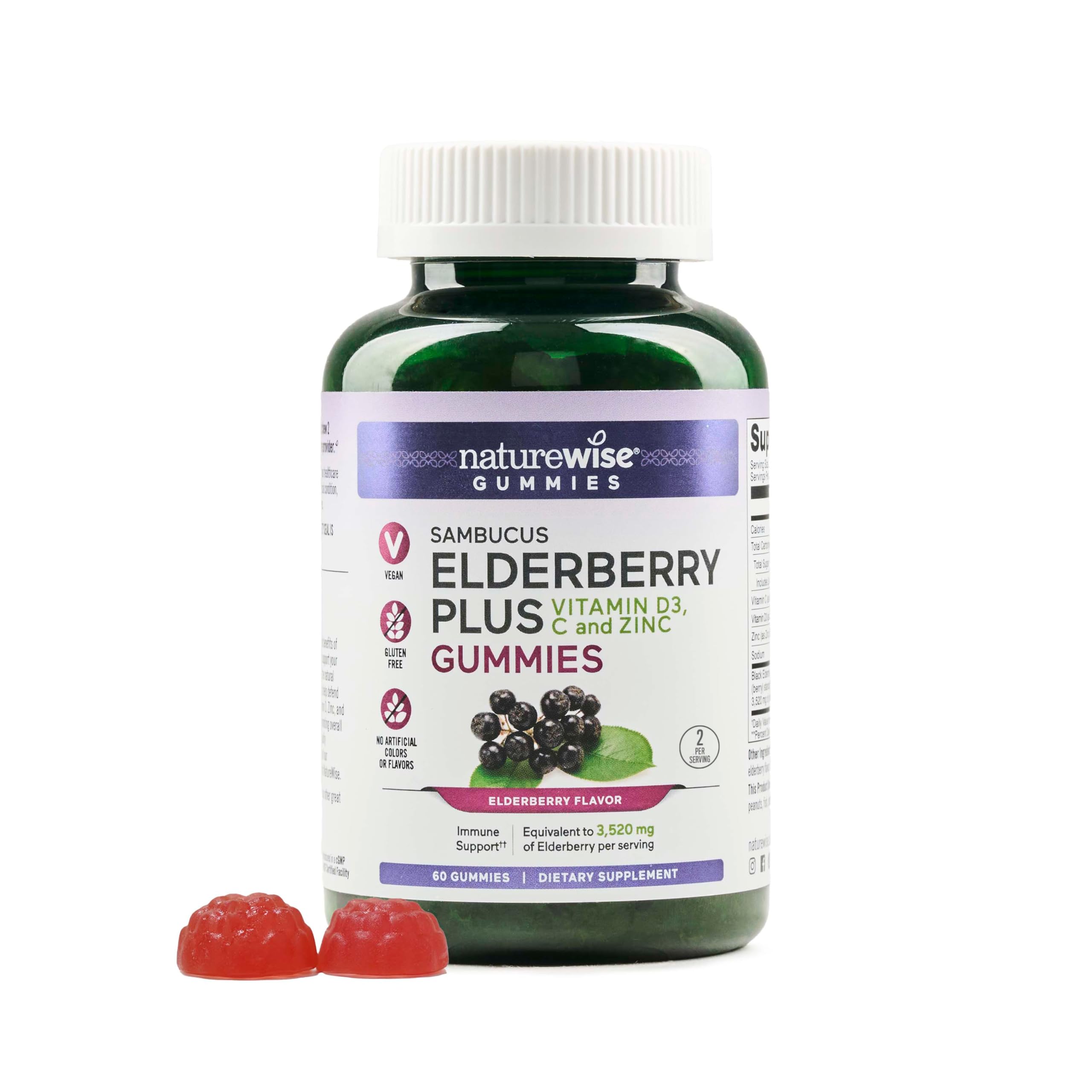 NatureWise Sambucus Elderberry Gummies - Immune Support Supplement for Kids Ages 4+ & Adults with Vitamin C, D3, Zinc - Elderberries Equivalent to 3520mg - Vegan, Non-GMO - 60 Count[30-Day Supply]