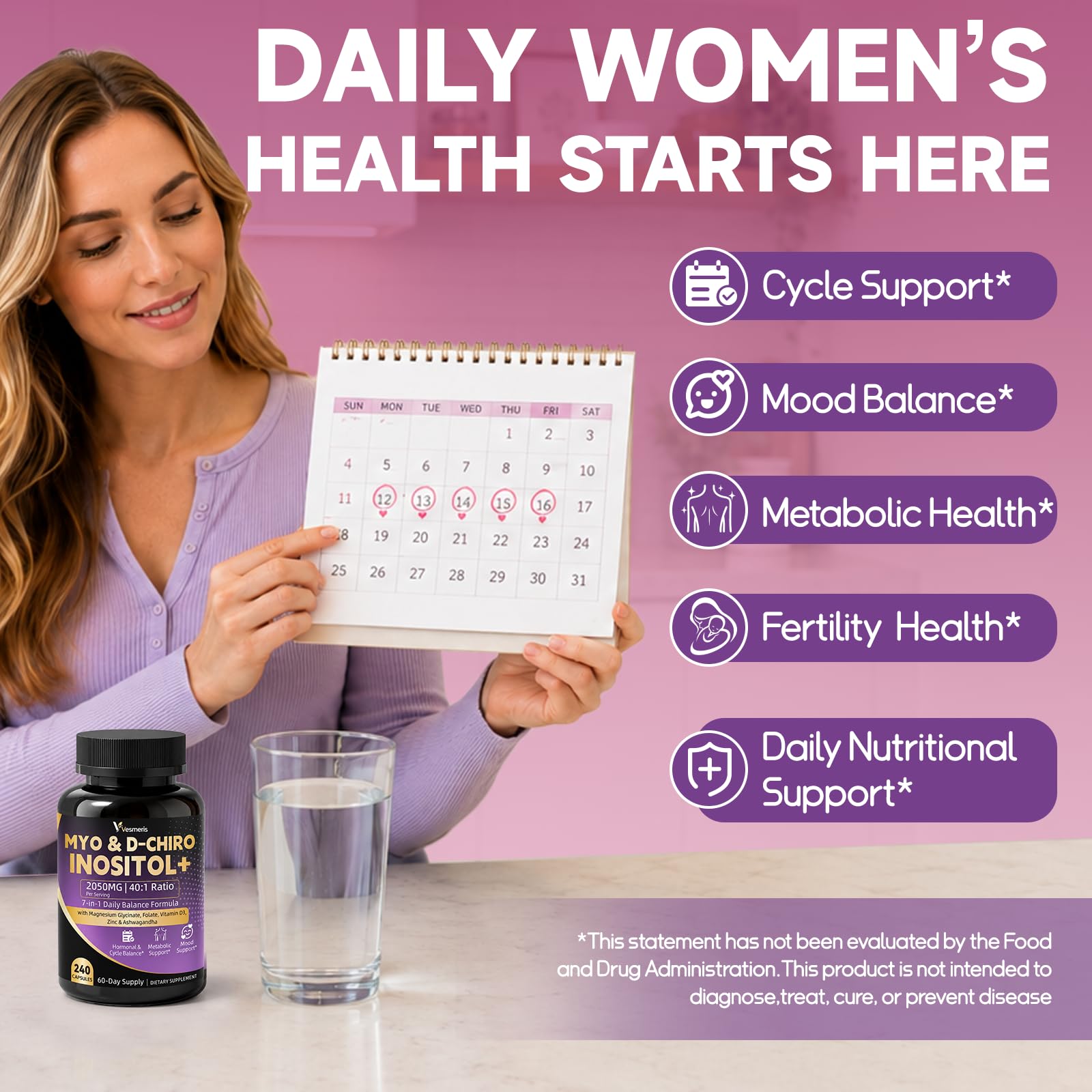 7-in-1 Myo-Inositol & D-Chiro Inositol Supplement for Women, 240 Vegan Capsules, Ideal 40:1 with Folate, D3, Zinc, Magnesium, Ashwagandha for Hormonal Balance, Calm Mood, Ovarian Support, Non GMO — Amazon image 4