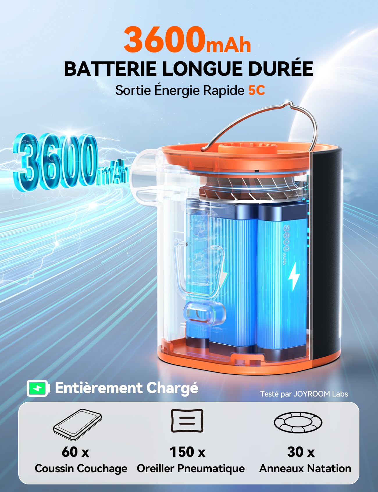 JOYROOM Pompe Matelas Gonflable Mini 4,8 kPa Rechargeable 3600 mAh 6 Buses