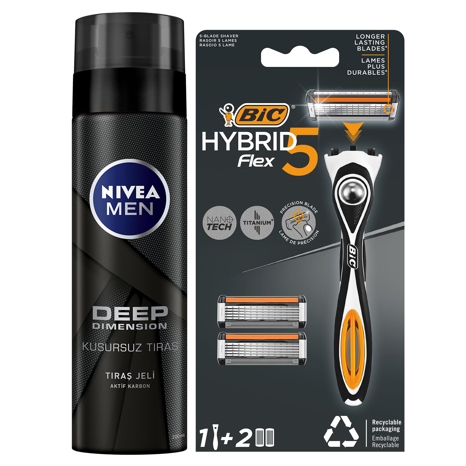 NIVEA MEN Erkek Tıraş Jeli Deep Dimension 200ml, Kusursuz Tıraş, Aktif Karbon, Kaygan Tıraş Deneyimi + BIC Hybrid 5 Flex Erkek Tıraş Bıçağı 1 Sap ve 2 Yedek Başlık (5 Bıçak)
