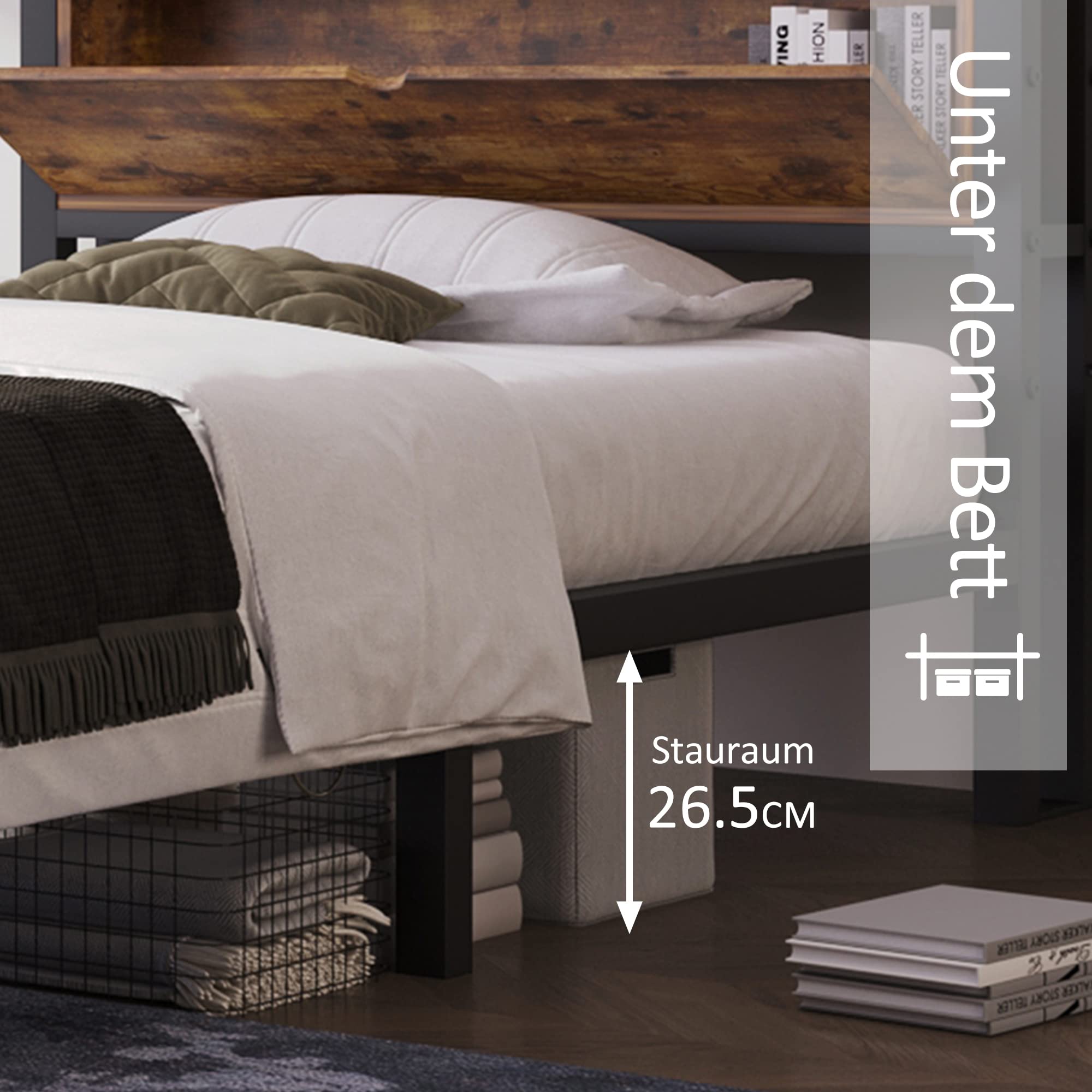 Gecheer Letto Singolo in Metallo con Testiera Contenitore, Letto per Ragazzi 90 x 200 cm in Metallo e MDF, Stile Industriale Nero for Camera da Letto Bambini e Adolescenti