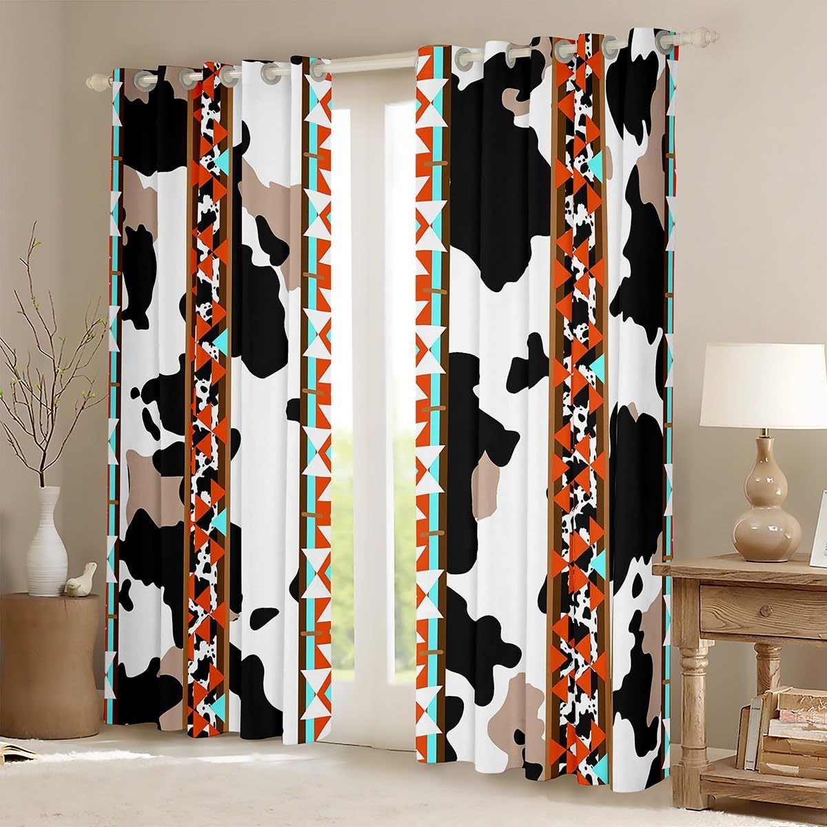 Castle Fairy Tribal Stripes Blackout Window Drapes,Aztec Western Cowhide Print Home Decor Curtains,Rustic Farmhouse Animals Durable Blackout Window Drapes for Kids Gifts,2 Panels, 38Wx54L inch