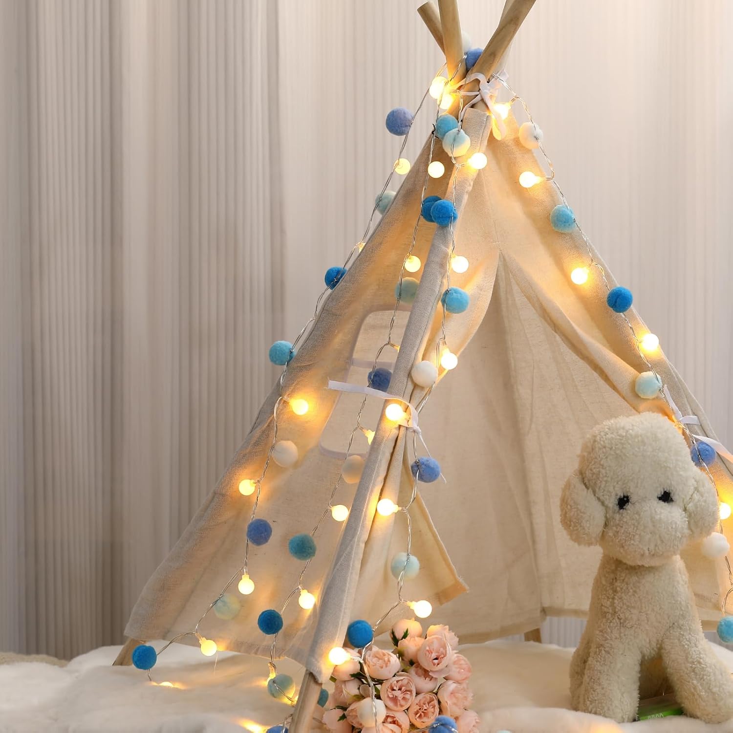 6.56FT Pom Poms Fairy Lights - 20 LED Battery Operated String Lights with Warm White Globe Balls - Cute Indoor Decor for Bedroom Kids Room Playhouse Graduation Birthday Baby Shower - Blue