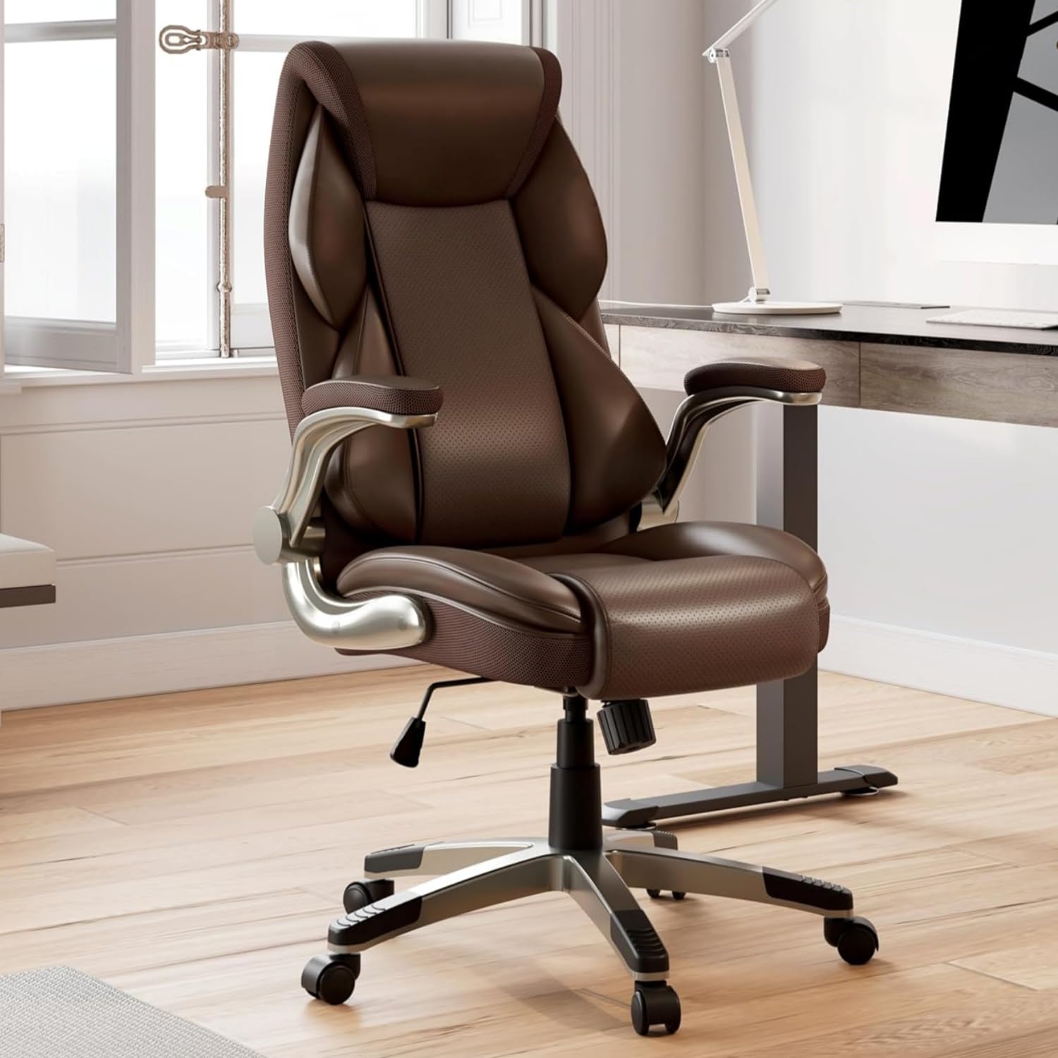 EUREKA ERGONOMIC Executive Office Chair, Regenerated Leather Desk Chair with Flip-up Armrest & Lumbar Support, Swivel Computer Chair with Double Padded, High Back Office Chair for Home-Brown