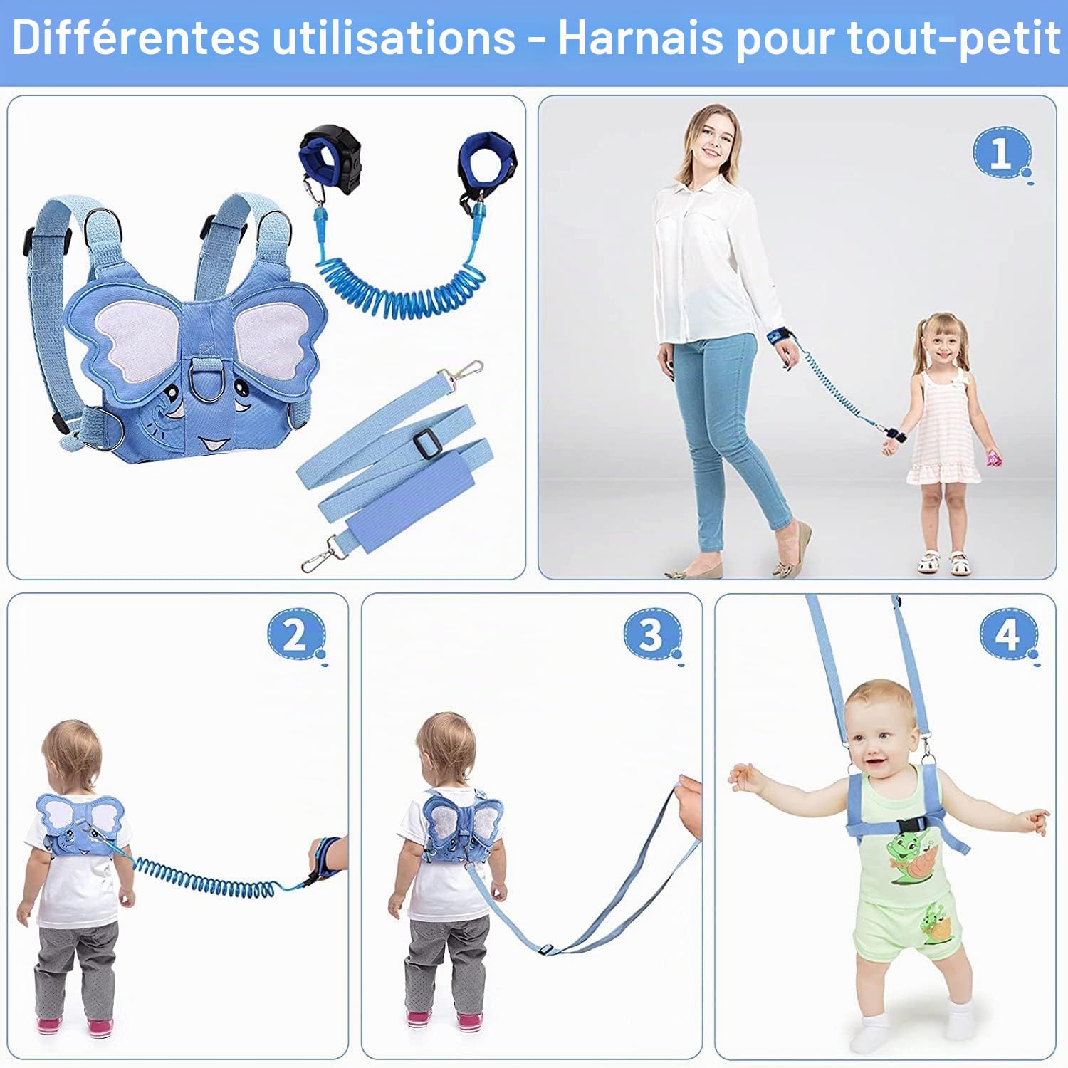 Laisse 3 en 1 pour enfant - Motif éléphant - Anti-perte - Avec poignet de sécurité - Harnais de course pour enfants - Laisse pour enfant avec cadenas de sécurité