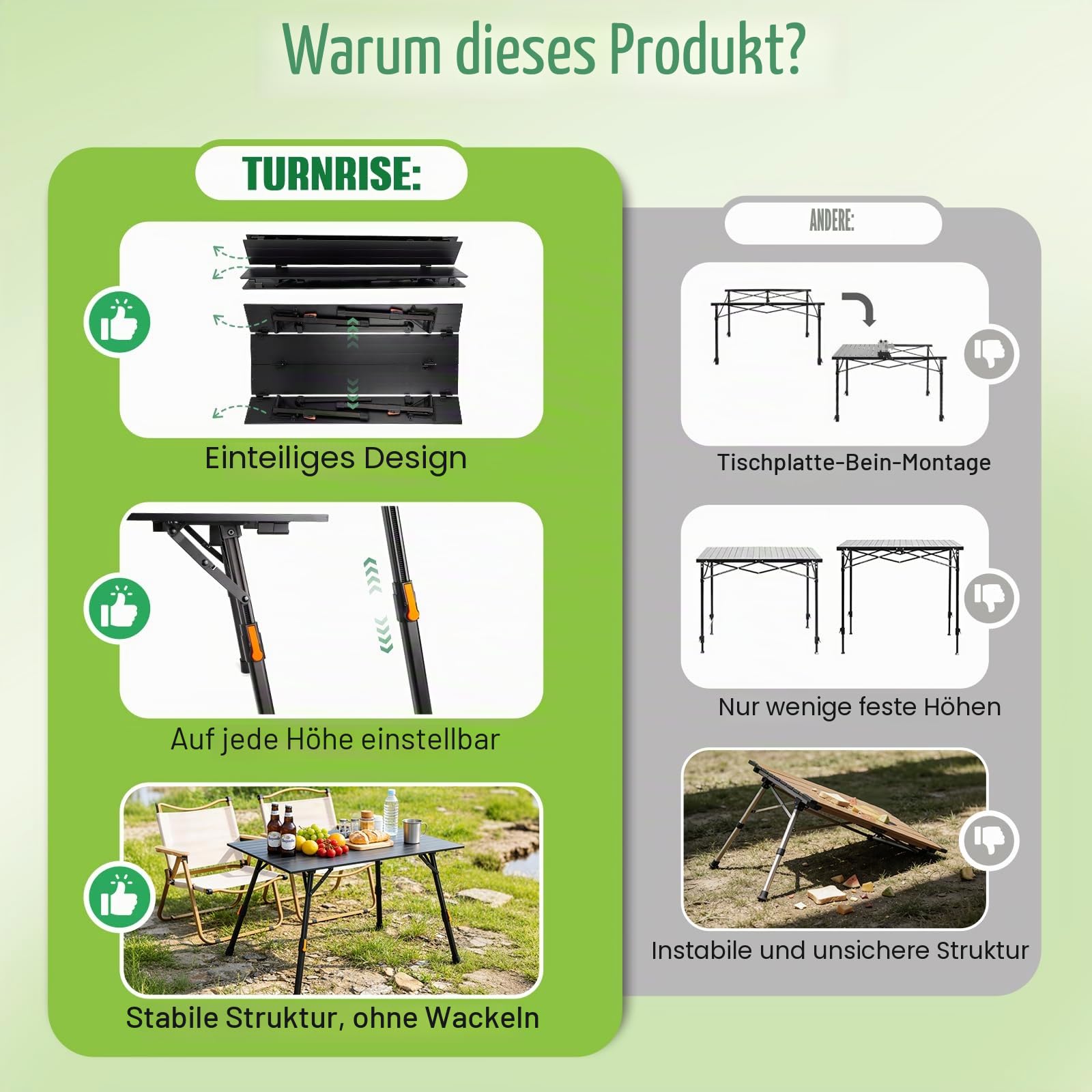 Campingtisch klappbar stufenlose Höhenverstellung Klapptisch ohne Installation Tischplatte Aluminiumrahmen Camping Tisch Gartentisch Klapptisch Balkon Tisch Zusammenklappbarer 95cm*52cm