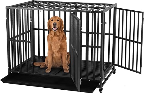 LUCKUP Jaula para perros resistente, jaula de metal grande de 38 pulgadas con 2 puertas y 4 ruedas, perrera apilable para perros grandes y medianos,