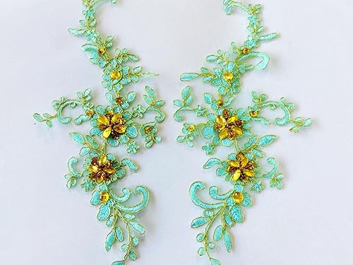 Miniatura 13 de Zbroh Parches de tela de encaje fino bordados con diamantes de imitación bordados, decoración de vestido para coser en lentejuelas cuentas, Azul