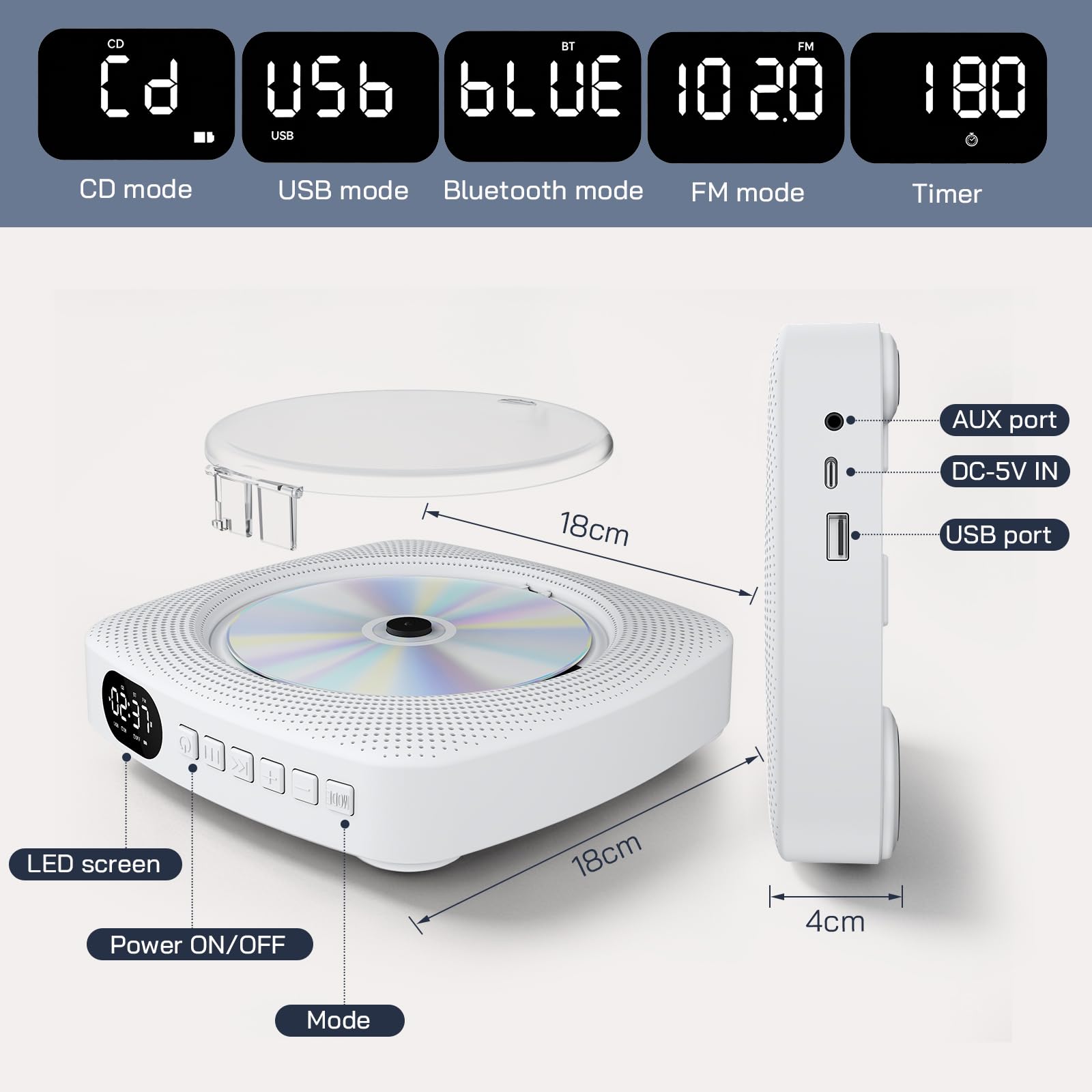 WOLFANG Reproductor de CD portátil Bluetooth para casa y Exterior, con Altavoces, batería Recargable 4000 mAh, Radio FM, USB, Mando a Distancia, Montaje en Pared y Soporte de Mesa