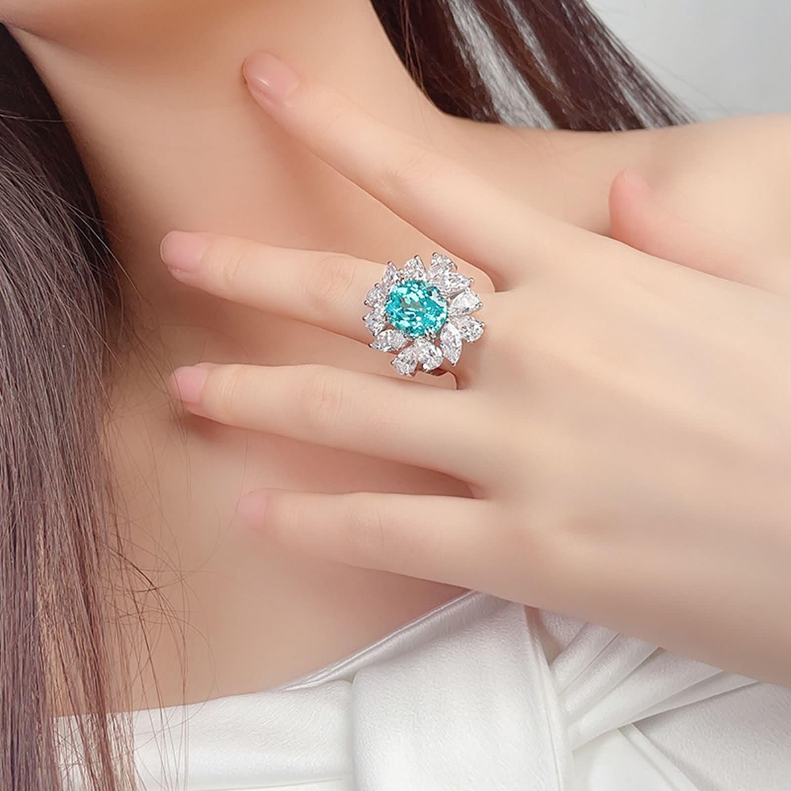 Daesar Anillos para Compromiso Mujer con Flor y Oval con Turmalina Paraiba Creada de 9.79ct y Moissanita, Oro Blanco 9K/14K/18K, Anillos de Boda y Compromiso Plata Azul Lago