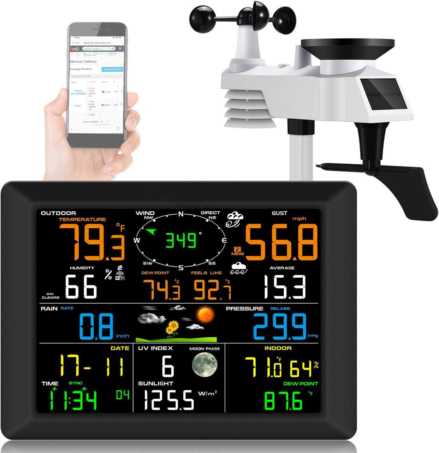 Excefore WiFi Weather Station, 8.2-inch large Display Wireless Weather Station, Weather Stations wireless indoor outdoor with Rain Gauge and Wind Speed, Weather Forecast, Wind Gauge, Wunderground