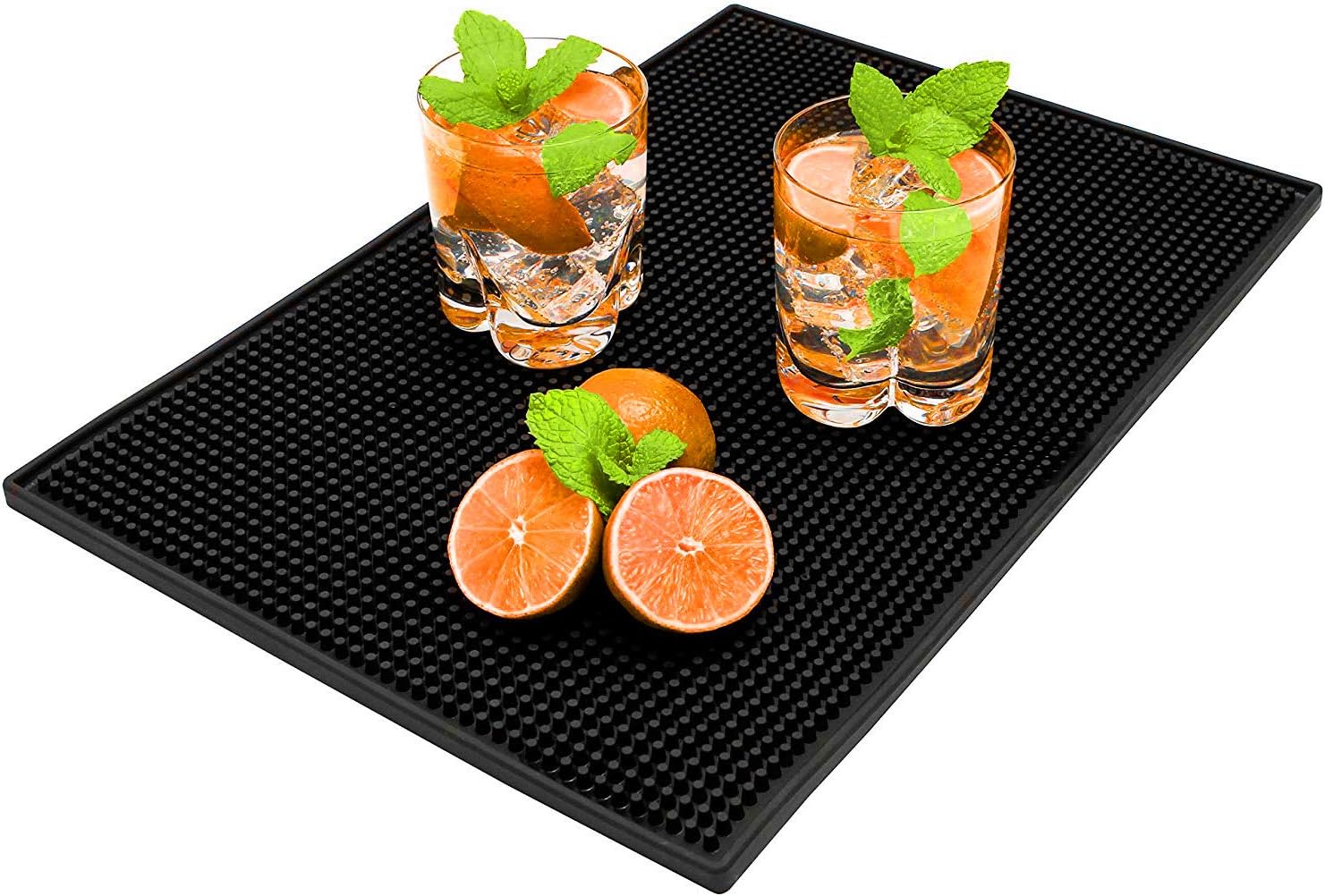 COSOOS Bar Service Mat, Rubber Salon Mat Large Square 17.7" x 11.8" Flexible PVC Kitchen Drink Service Mat, Non-Slip Heat Resistant Heavy Duty Dish Drying Pad Rectangle Waterproof Drip Mat Black