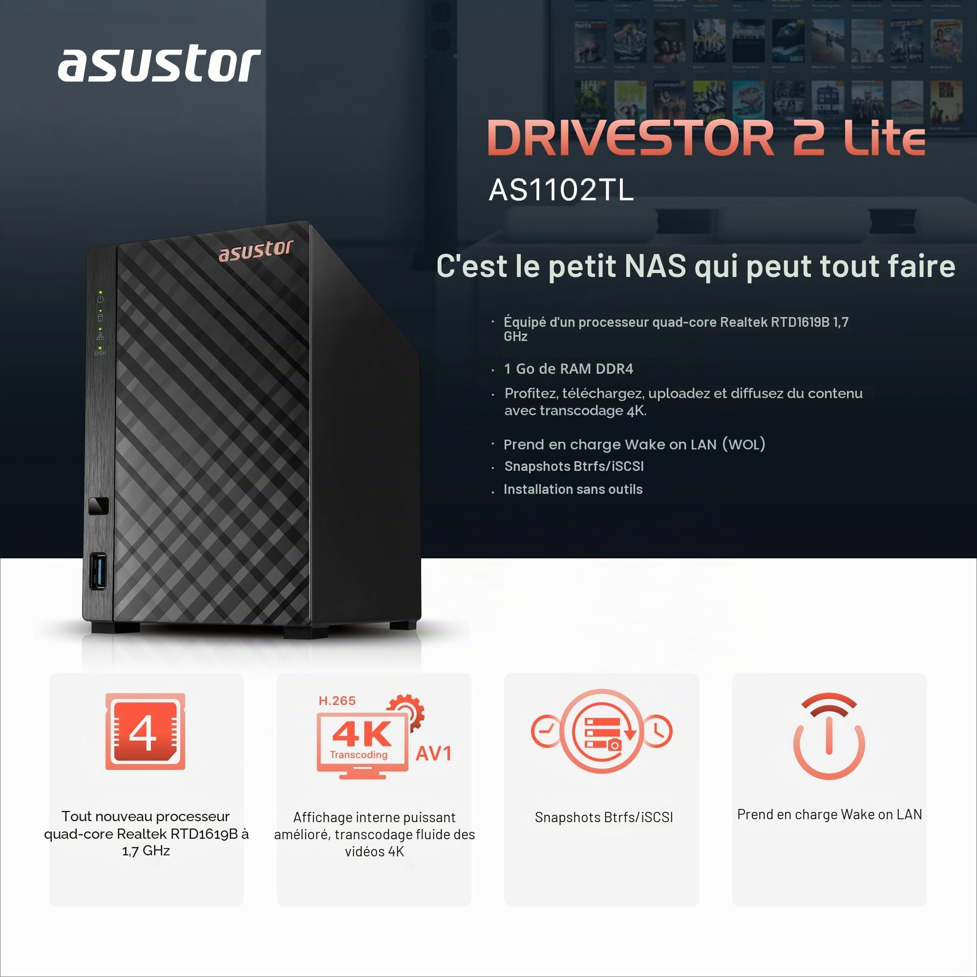 Asustor Drivestor 2 Lite AS1102TL Boîtier NAS à 2 Baies, mémoire réseau, 1,7 GHz Quad Core, Port 1GbE, 1 Go de RAM DDR4, Stockage réseau connecté pour Stockage Cloud (diskless)