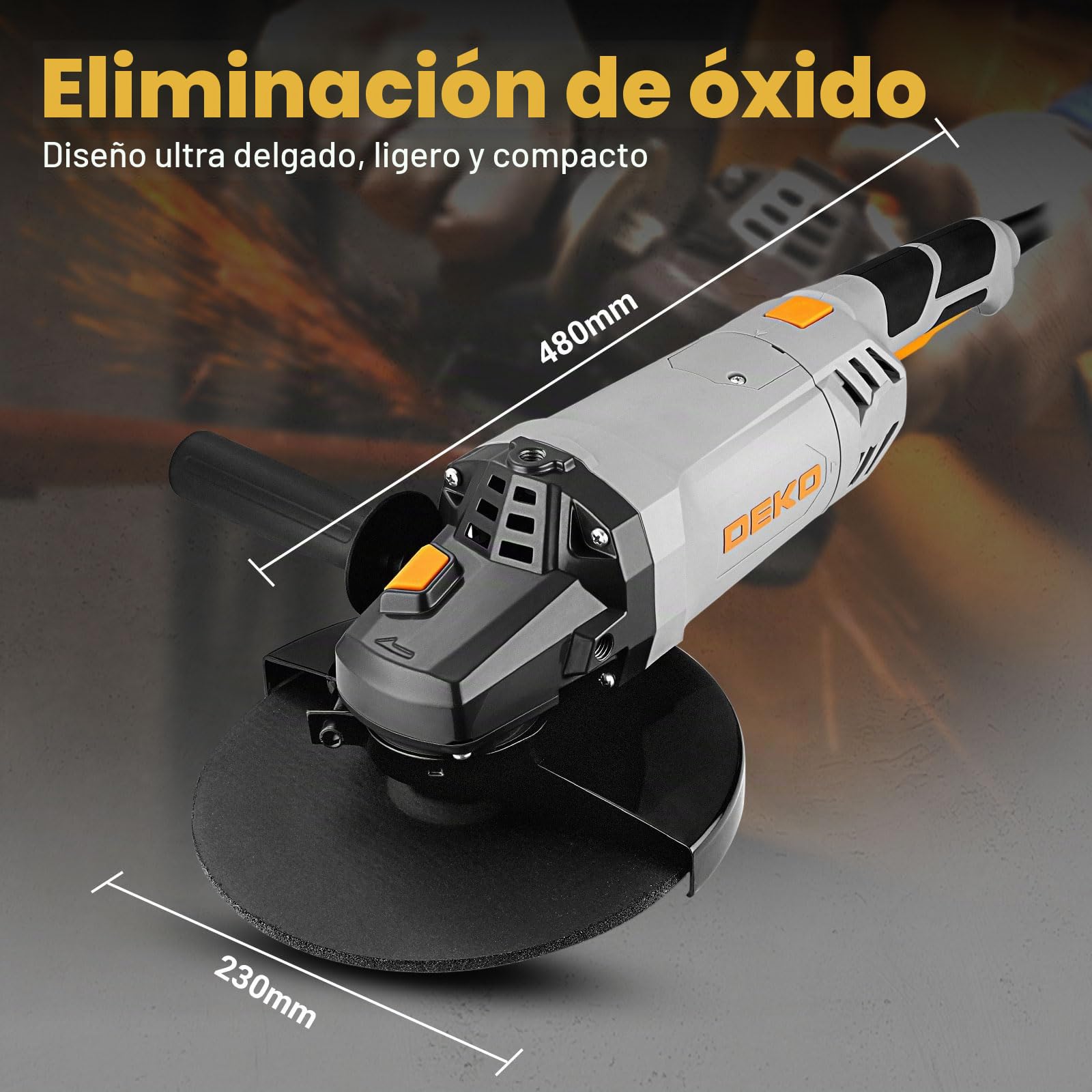 DEKOPRO 2200W Amoladora Angular Eléctrica con Cable, 230mm, Velocidad 6500 RPM, para Pulir y Amolar, Mangos Largos