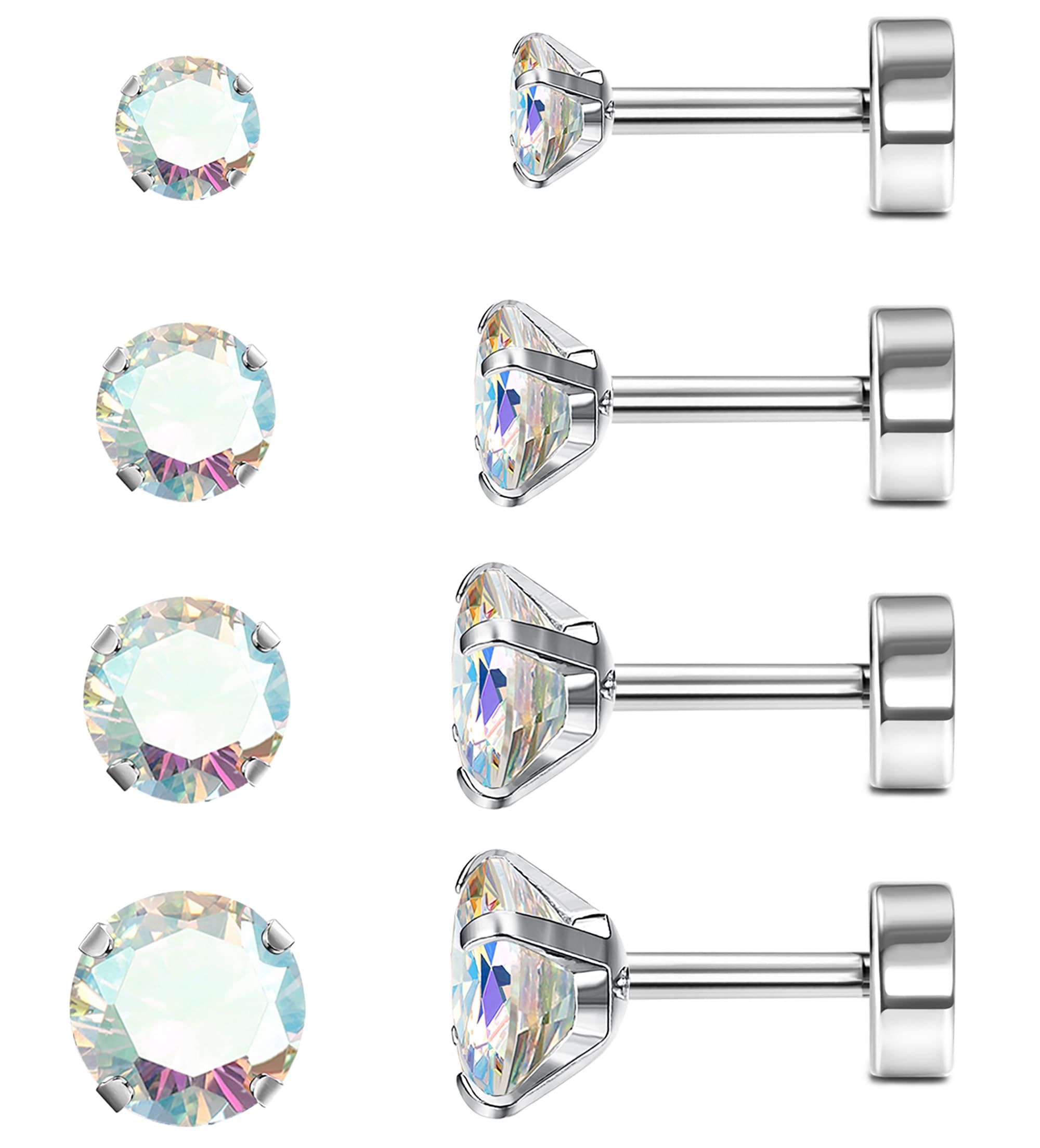 JeweBella 24 Paia Orecchini In Acciaio Chirurgico 316L – Set Con Zirconi E Pietre Portafortuna, Anallergici Per Donna E Uomo, Misure 3/4/5 Mm - 2