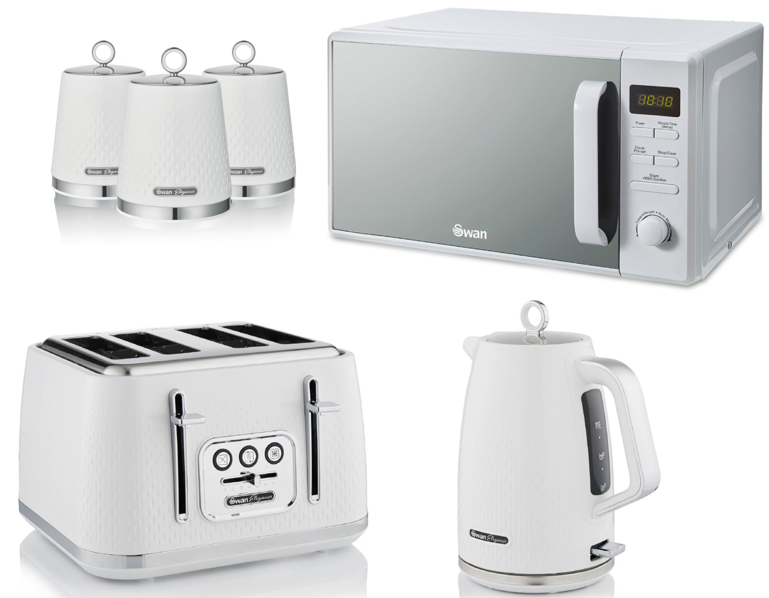 Swan Elegance White 1.7L Kettle, 4 Slice Toaster, Canisters and 800W 20L Digital Microwave. Contemporary Matching Kitchen Set of 6 with a Premium Textured White Finish