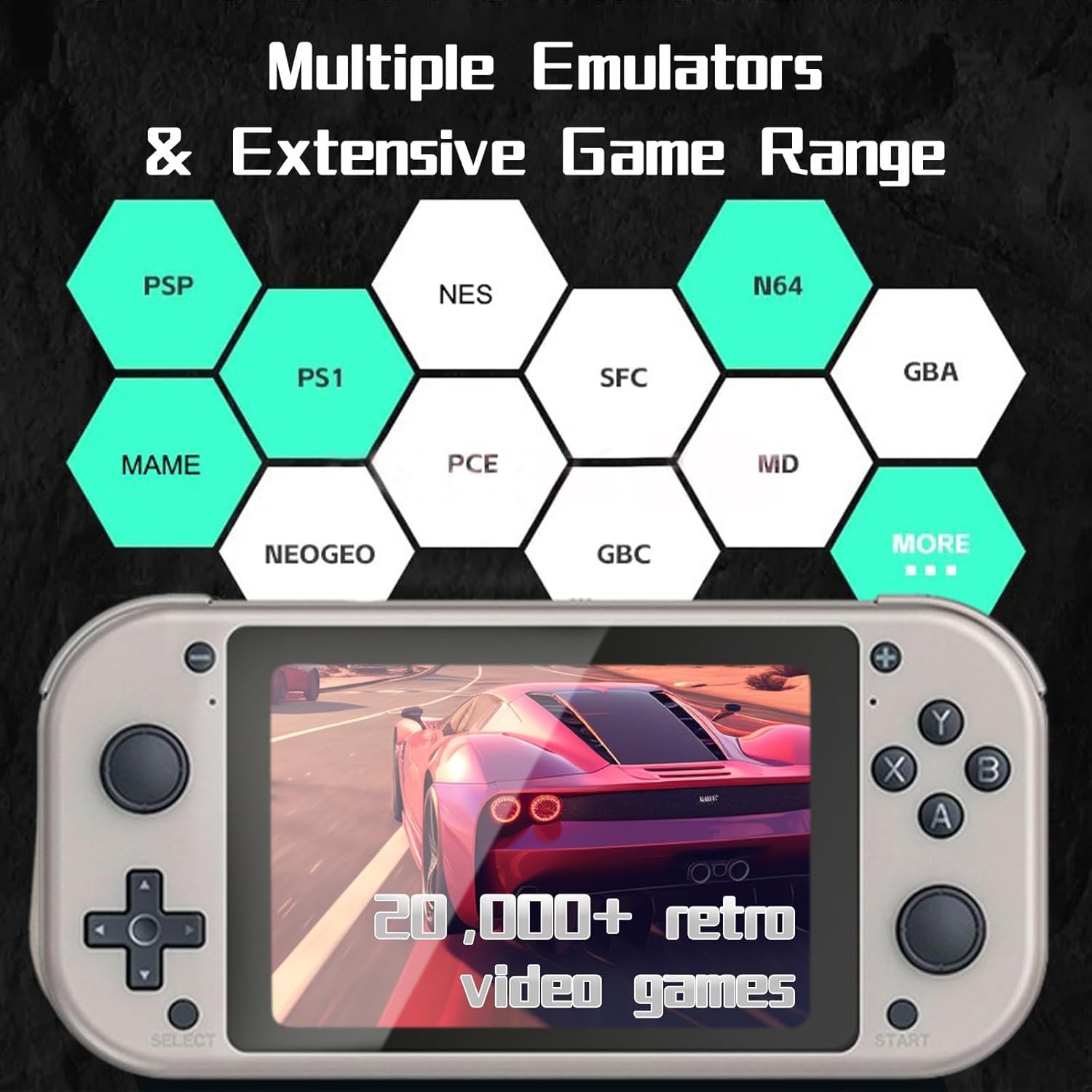 Console de jeu vidéo portable rétro – Écran IPS de 4,3 pouces, système Emuelec, 64 Go, plus de 20 000 jeux, système de jeu classique, rétro
