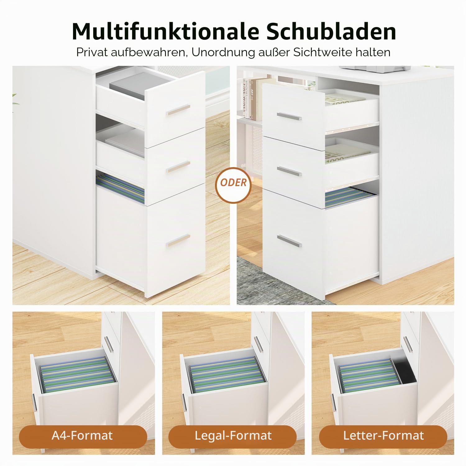 HSH Schreibtisch L mit Schubladen Eckschreibtisch für Homeoffice Computertisch mit Stauraum und Schrank Moderner Schreibtische mit Metall und Holz für Arbeitszimmer Weiß 150 cm