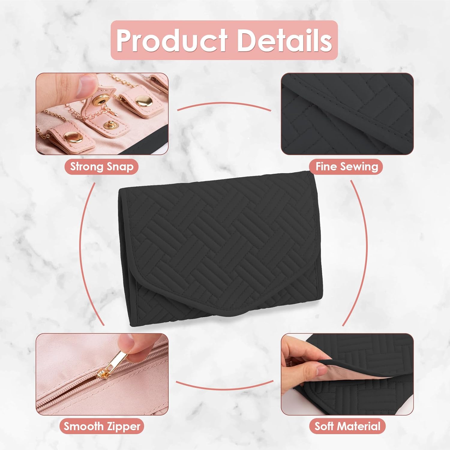 Travel Jewelry Roll Organizer Bag Foldable and Anti-Tangle Jewelry Holder Storage for Rings, Necklaces, Bracelets, Earrings and Accessories, Medium Black