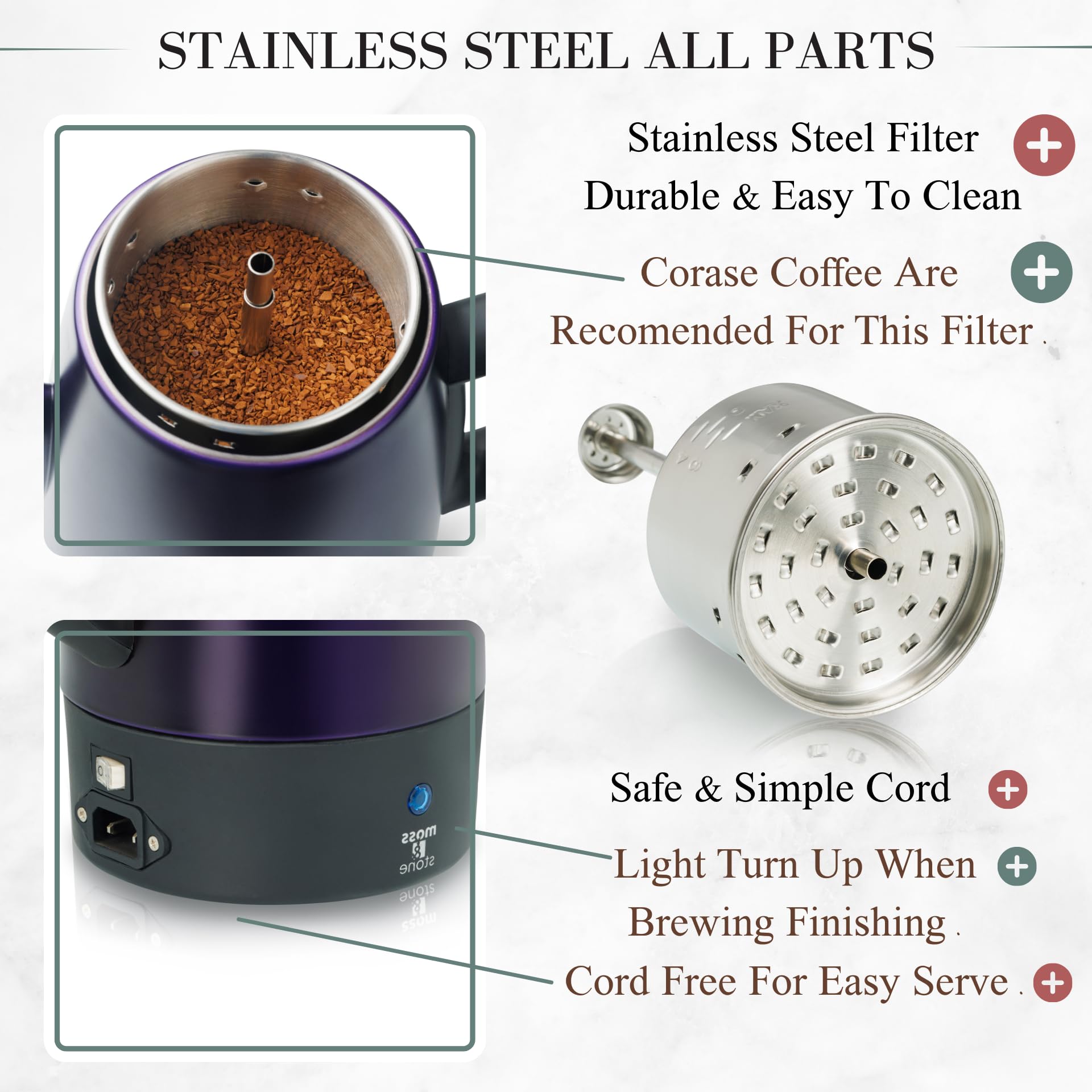 Moss & Stone Percolatore elettrico da 10 tazze, in acciaio inox, con funzione di mantenimento del calore, classico vaso con cestello rimovibile, per casa o ufficio