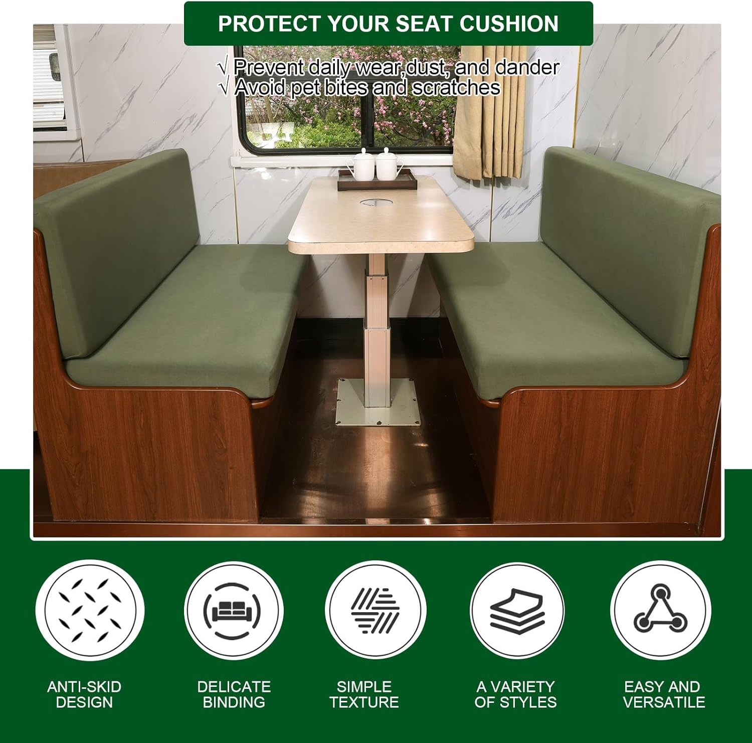 CRFATOP Solid Green RV Dinette Cushion Covers Soft Camper Seat Slipcover Stretch Sofa Loveseat Chair Cover Futon Furniture Protector for RV Camper Car Bench 1 Backrest Cover & 1 Bench Cover