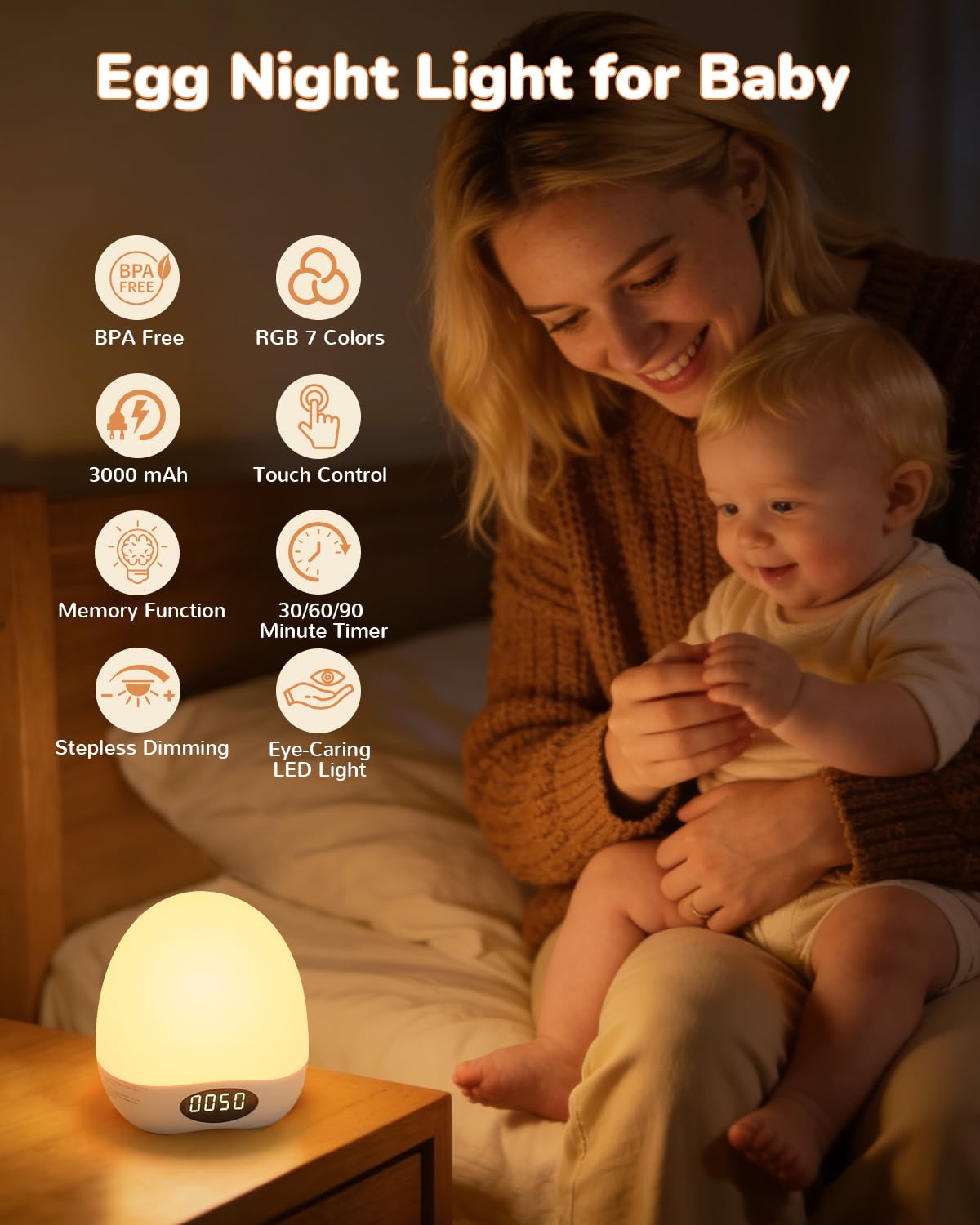 Nachtlicht für Kinder und Babys, Eierlicht für Kinderzimmer zum Stillen, dimmbares Baby-Nachtlicht mit Timer und RGB, sicher und harmlos, schützt die Augen des Babys bei Nachtfütterung