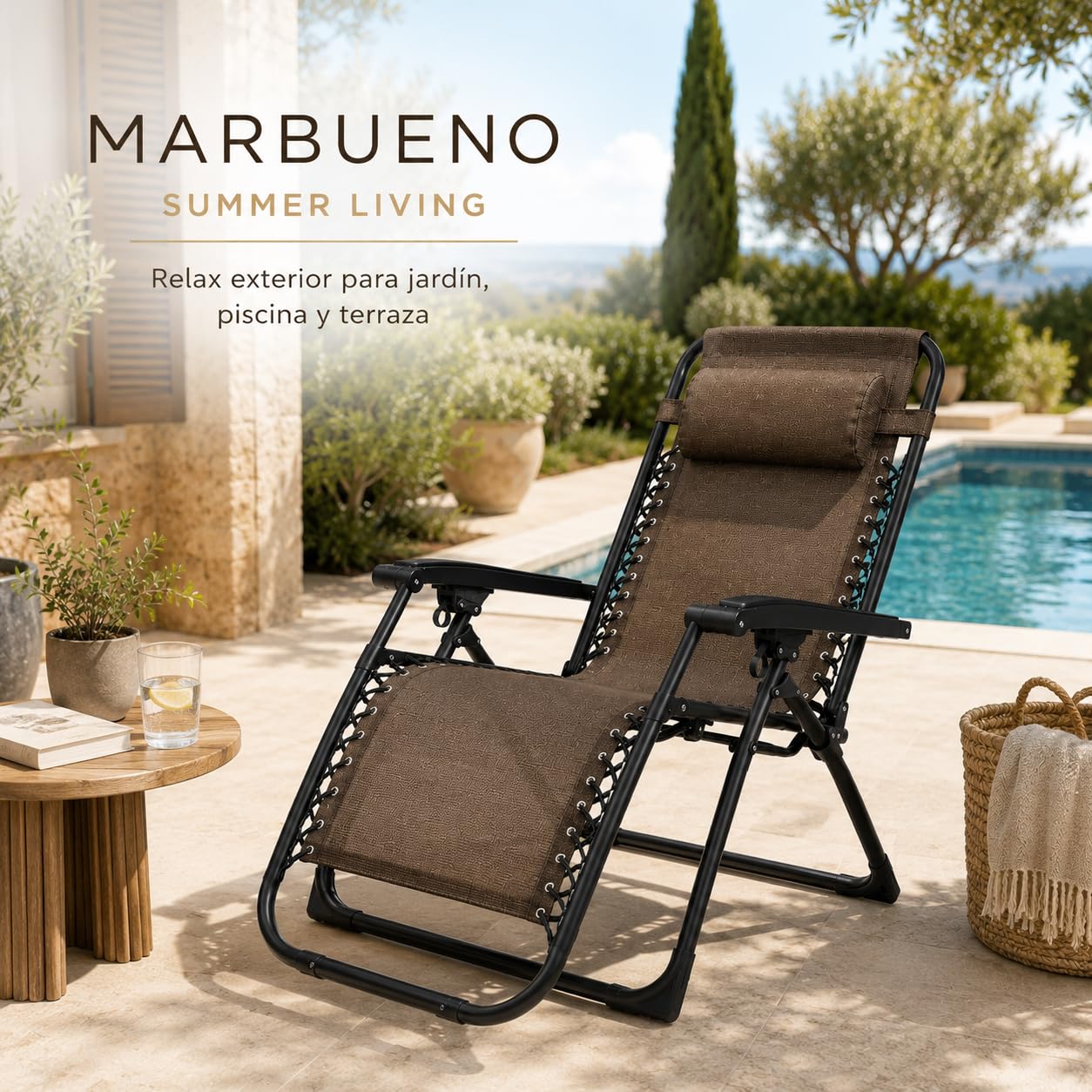 MARBUENO Tumbona Gravedad Cero Plegable Marrón con Reposacabezas, Silla Relax Exterior de Acero y Textileno Transpirable para Jardín, Terraza, Piscina y Camping 10007