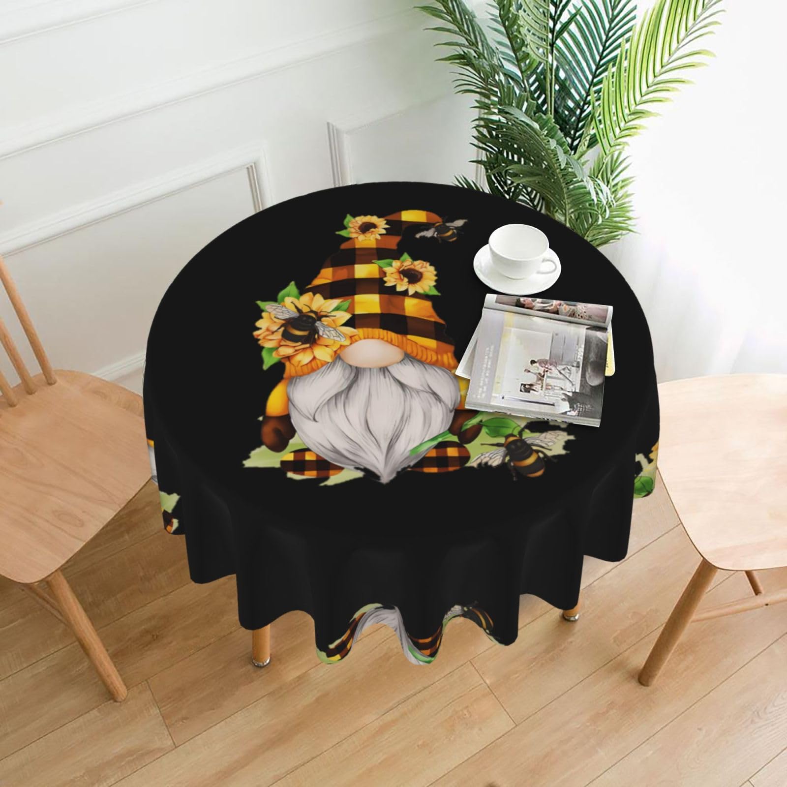 hhxvcv Gnome Bee Yellow Floral Round Tablecloth – Dining Table Cover