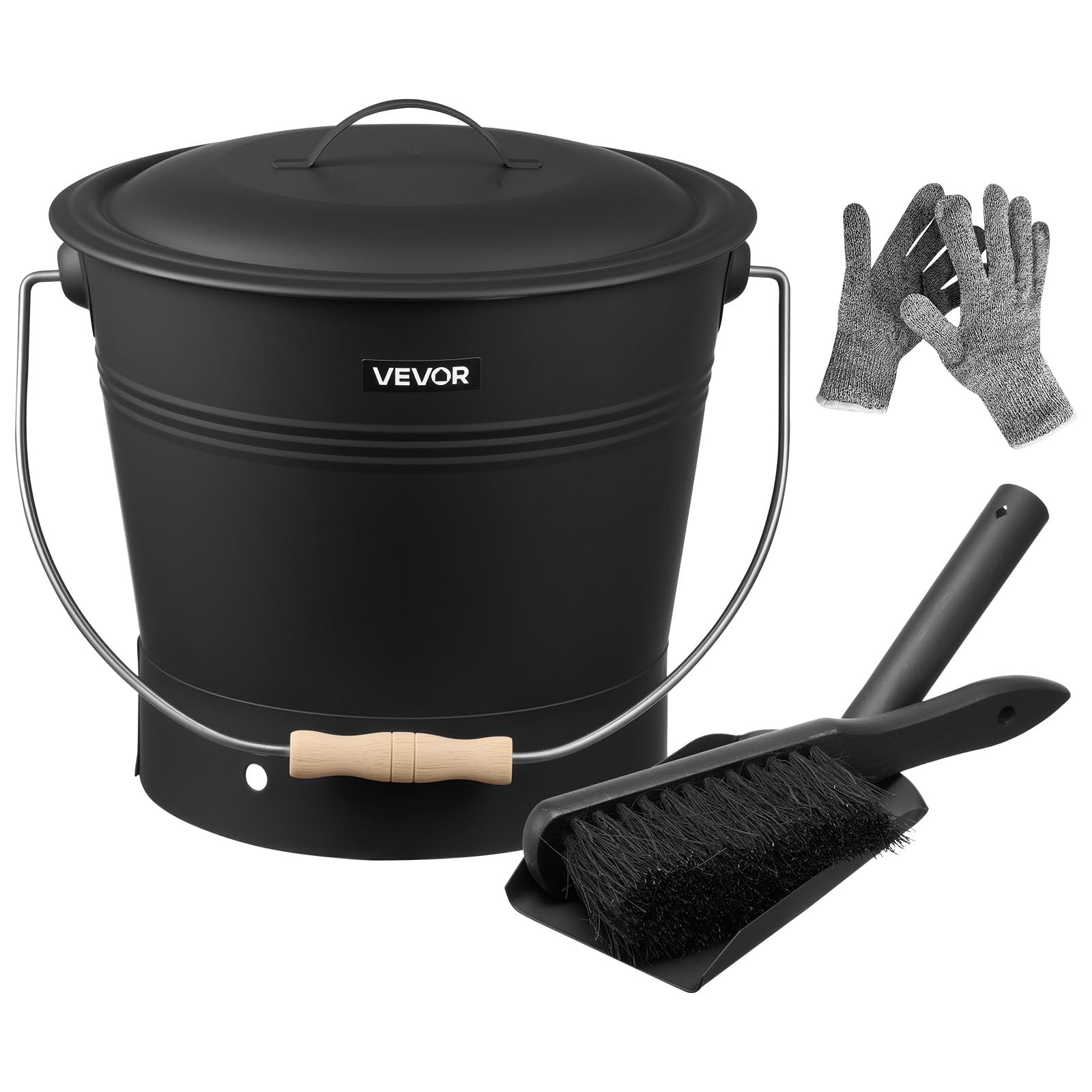 VEVOR Seau à cendres, 4 pièces, seau à charbon de bois et cendrier en métal avec couvercle, pelle, balai et gants, grande capacité de 9,​8 L pour cheminée, foyers, poêles à bois, intérieur et extérieur