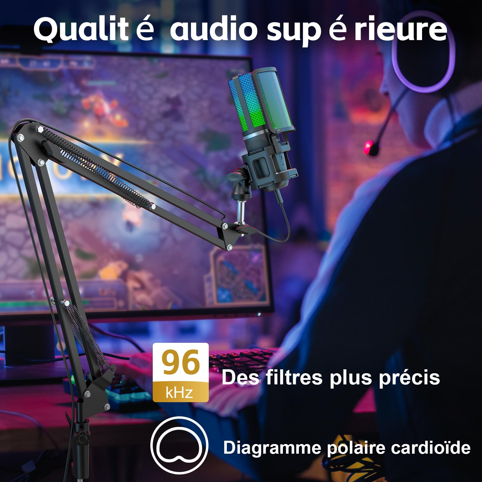 zealsound Micro Gaming pour PC Telephone iPhone, avec RGB et Sourdine, Adaptateur USB-C & Lightning, Trépied & Bras, Prise 3,5 mm, Microphone USB à Condensateur pour Podcast Streaming Twitch Youtube
