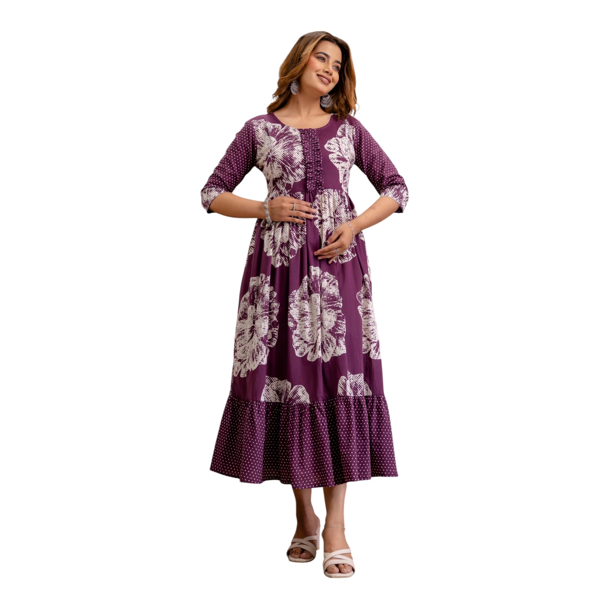 henal Maternity Dress – Cotton Dress with White Floral Prints & Polka Dot Sleeves and Hem, Comfortable and Stylish Pregnancy Dress-picture-16
